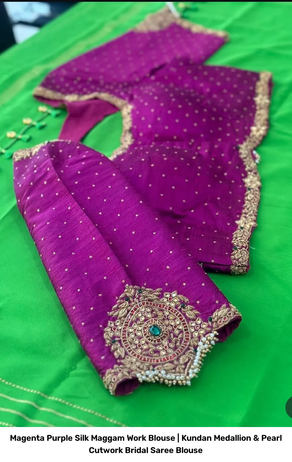 Magenta Purple Silk Maggam Work Blouse | Kundan Medallion & Pearl Cutwork Bridal Saree Blouse 6