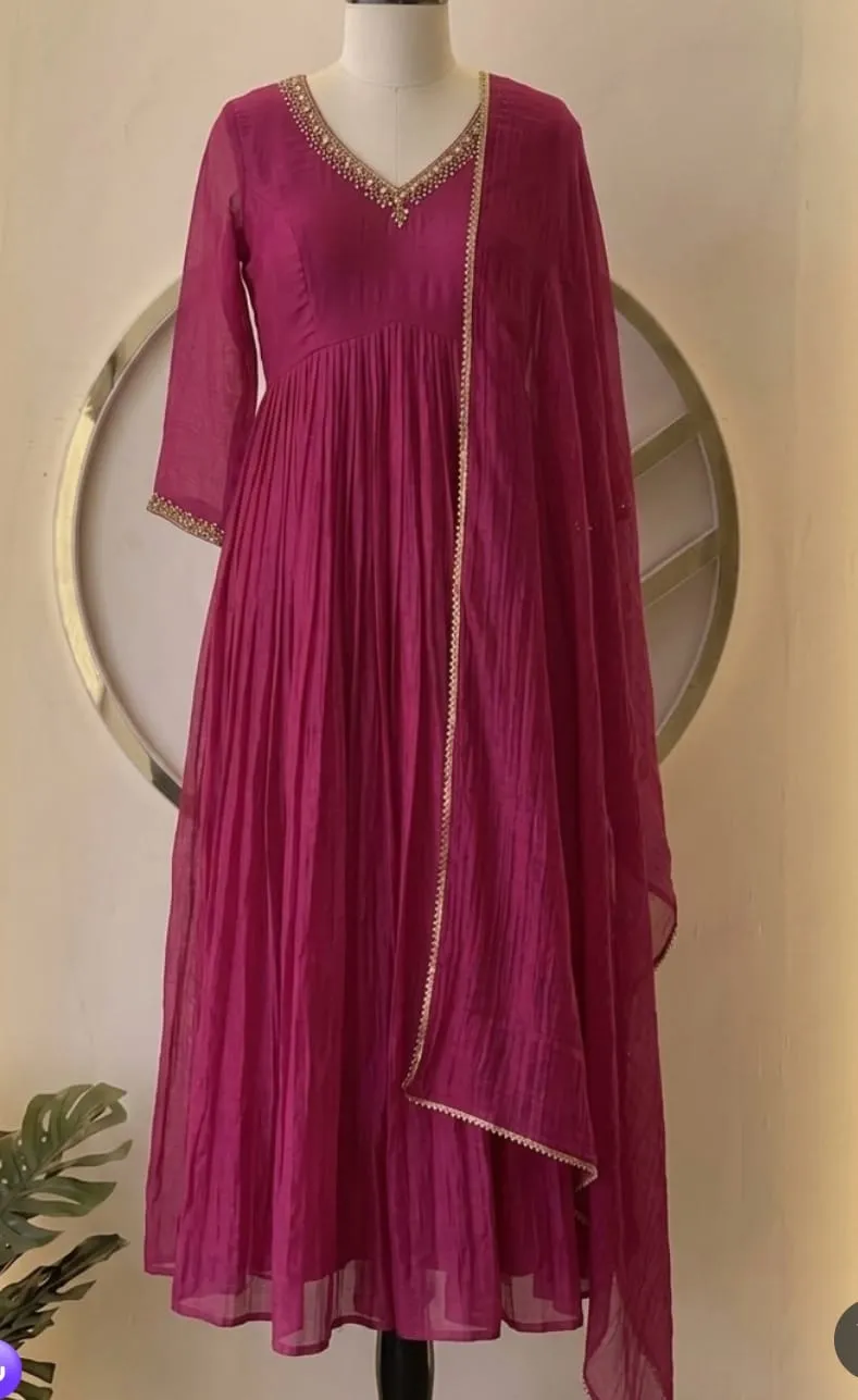 Magenta Rani Pink Pleated Georgette Anarkali Suit Set | Embroidered V-Neck Festive Gown with Dupatta