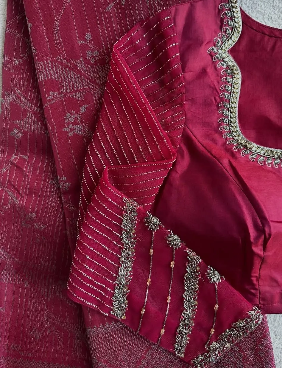 Magenta Raw Silk Blouse – Inverted V Cut & Zardozi Sleeve Work (