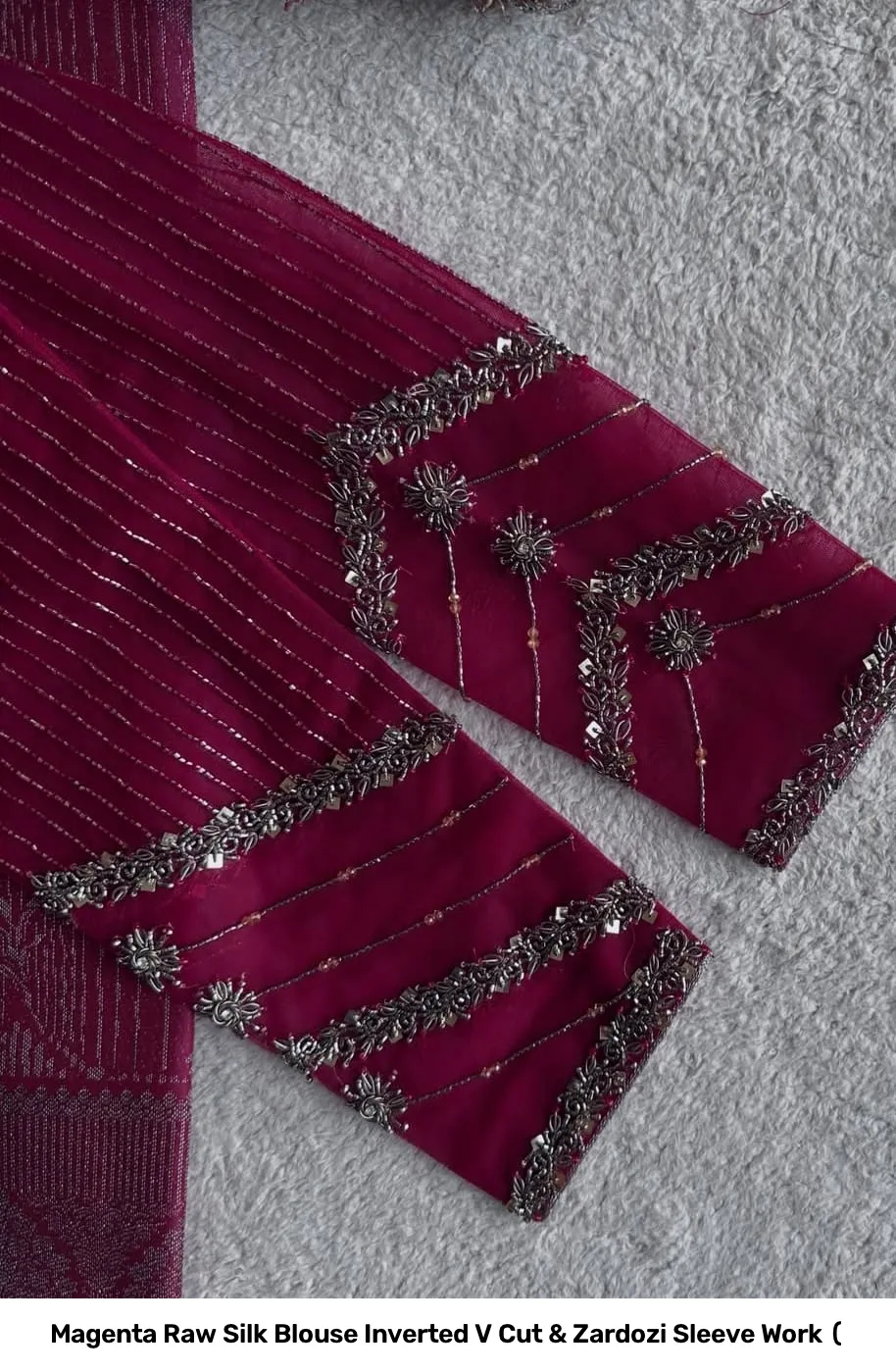 Magenta Raw Silk Blouse – Inverted V Cut & Zardozi Sleeve Work ( 2