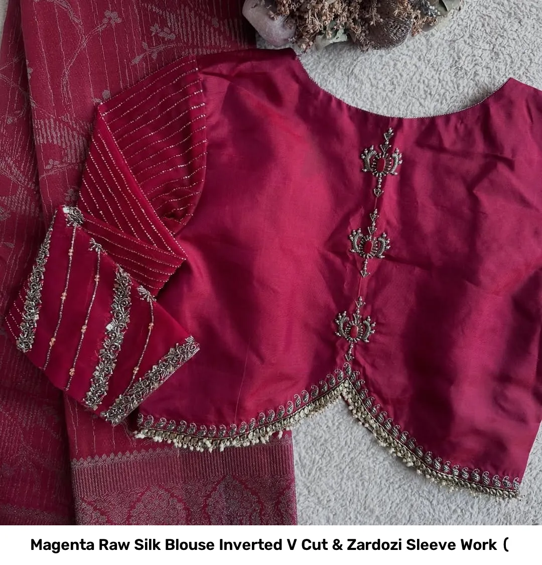 Magenta Raw Silk Blouse – Inverted V Cut & Zardozi Sleeve Work ( 3