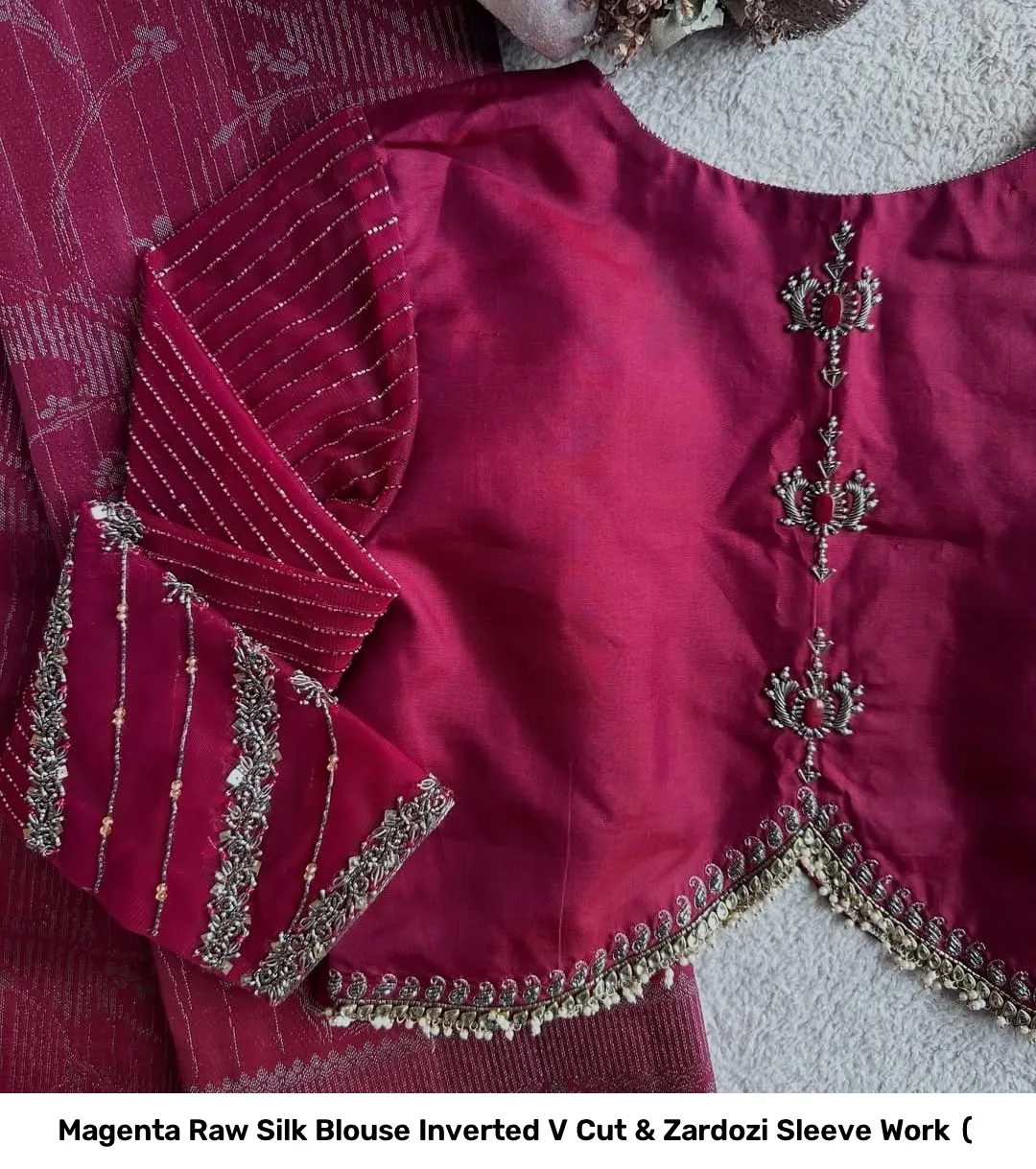 Magenta Raw Silk Blouse – Inverted V Cut & Zardozi Sleeve Work ( 4