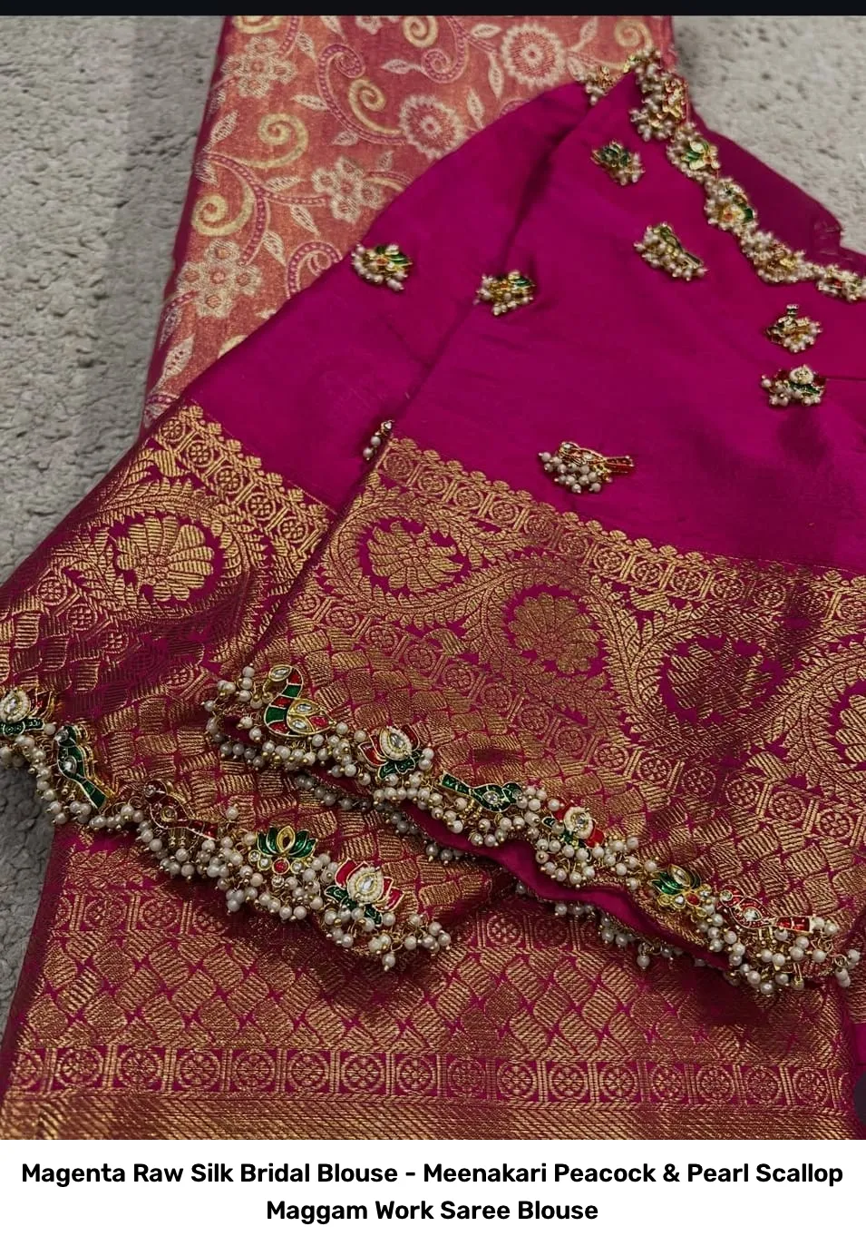 Magenta Raw Silk Bridal Blouse - Meenakari Peacock & Pearl Scallop Maggam Work Saree Blouse 2