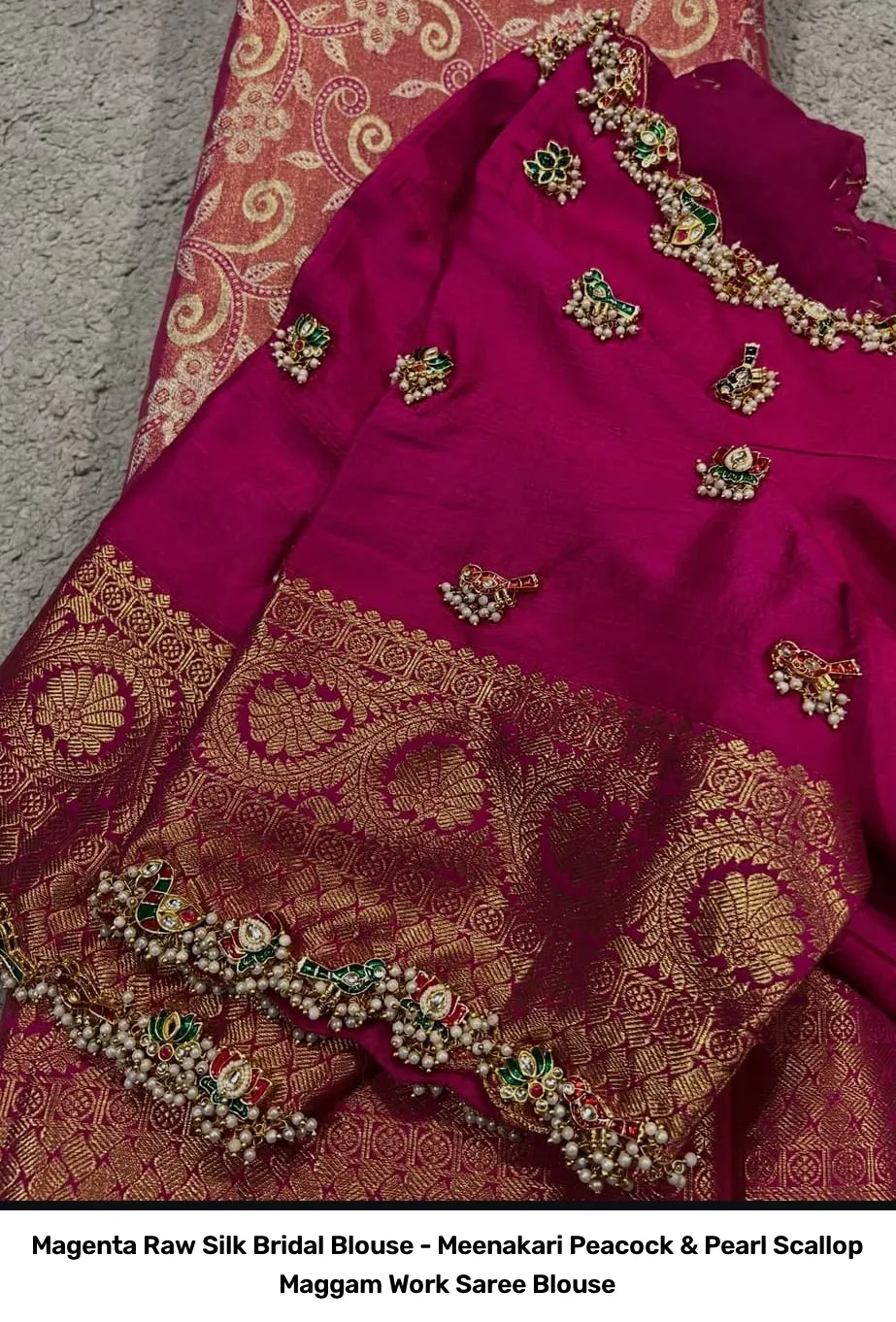 Magenta Raw Silk Bridal Blouse - Meenakari Peacock & Pearl Scallop Maggam Work Saree Blouse 3
