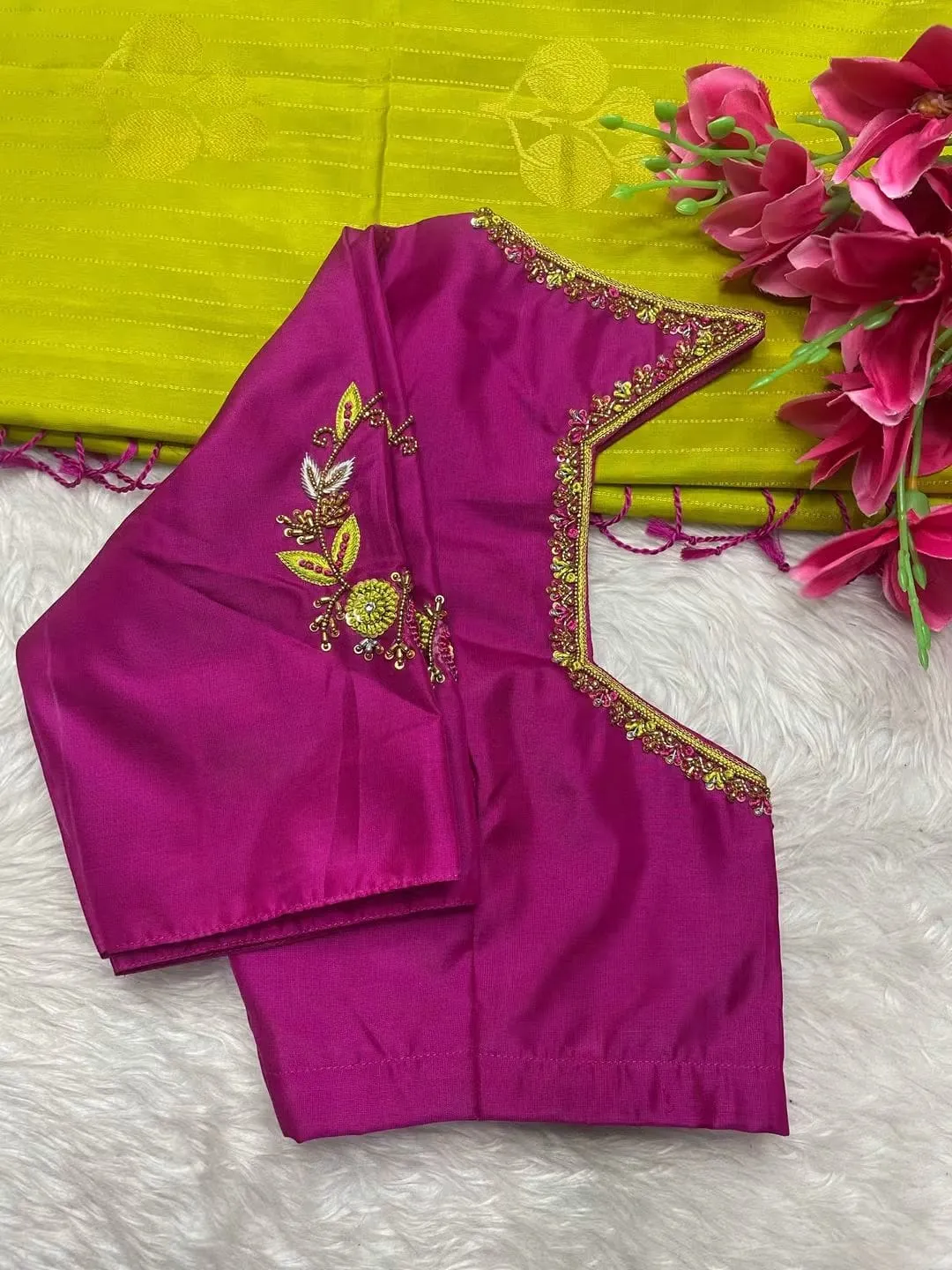 Magenta Silk Blouse with Hexagon Cutout Back Neck & Floral Zardosi Embroidery