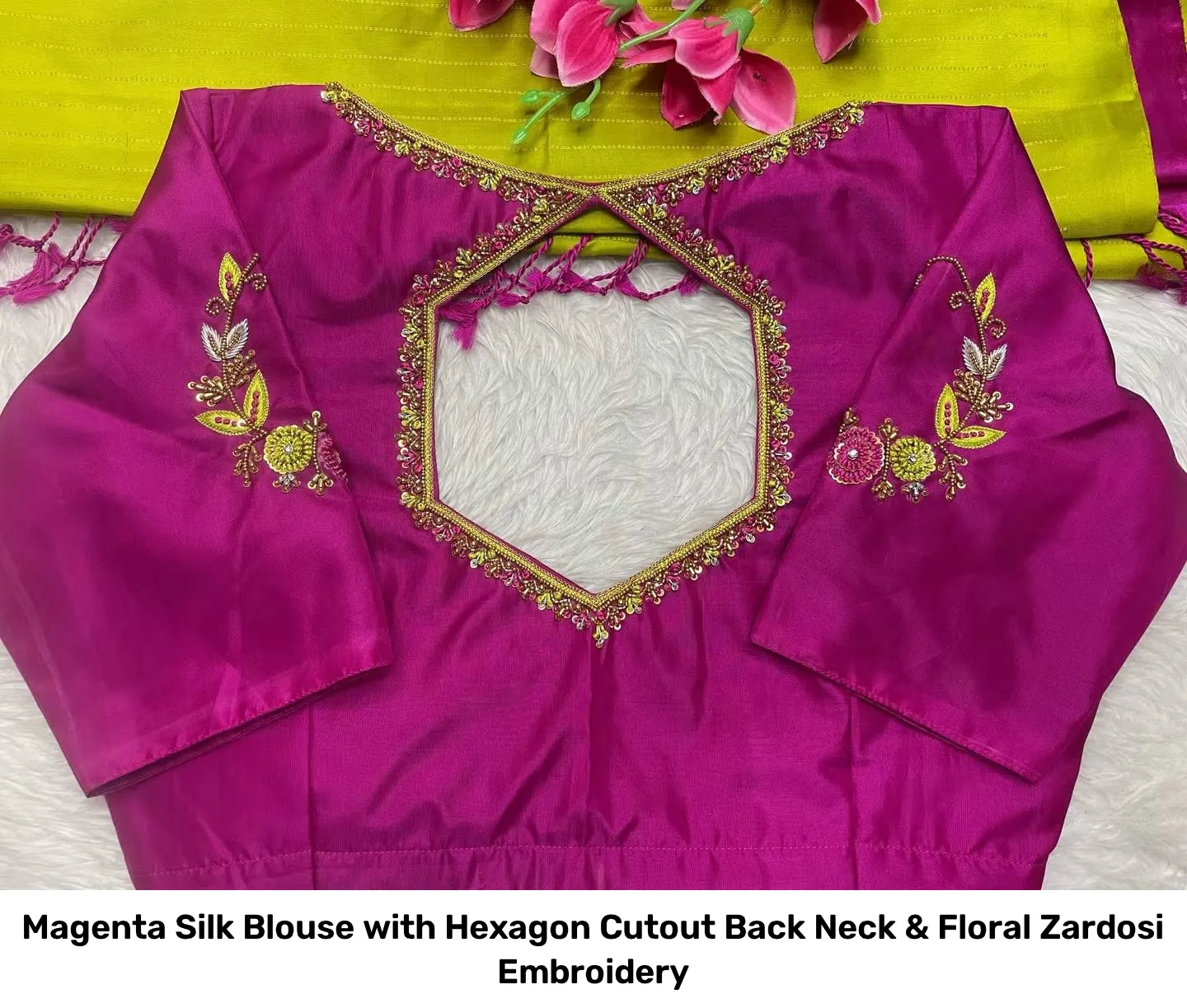 Magenta Silk Blouse with Hexagon Cutout Back Neck & Floral Zardosi Embroidery 2