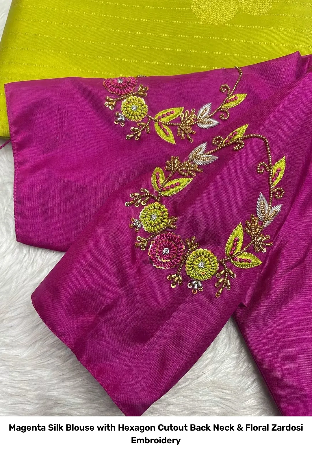Magenta Silk Blouse with Hexagon Cutout Back Neck & Floral Zardosi Embroidery 3