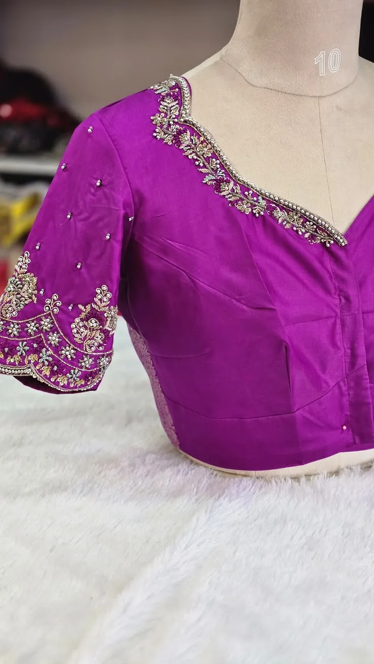 Magenta Silk Bridal Maggam Work Blouse | Cut-Out Back Neck Hand Embroidered Aari Work Saree Blouse
