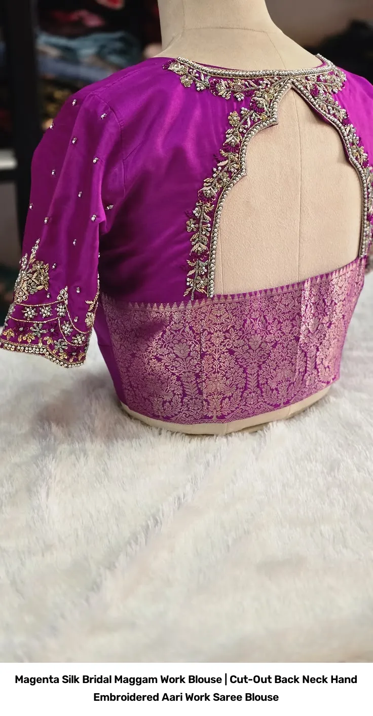 Magenta Silk Bridal Maggam Work Blouse | Cut-Out Back Neck Hand Embroidered Aari Work Saree Blouse 2