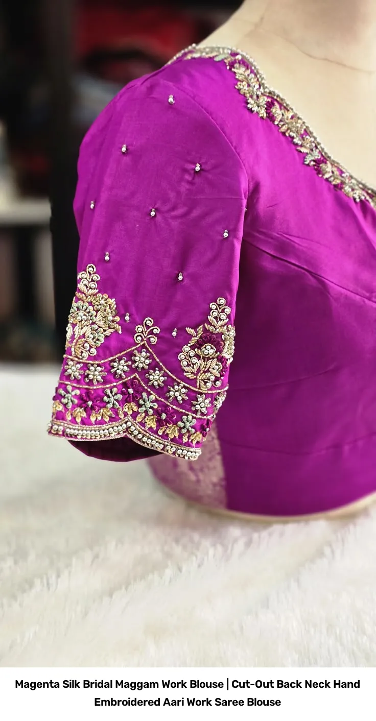Magenta Silk Bridal Maggam Work Blouse | Cut-Out Back Neck Hand Embroidered Aari Work Saree Blouse 3
