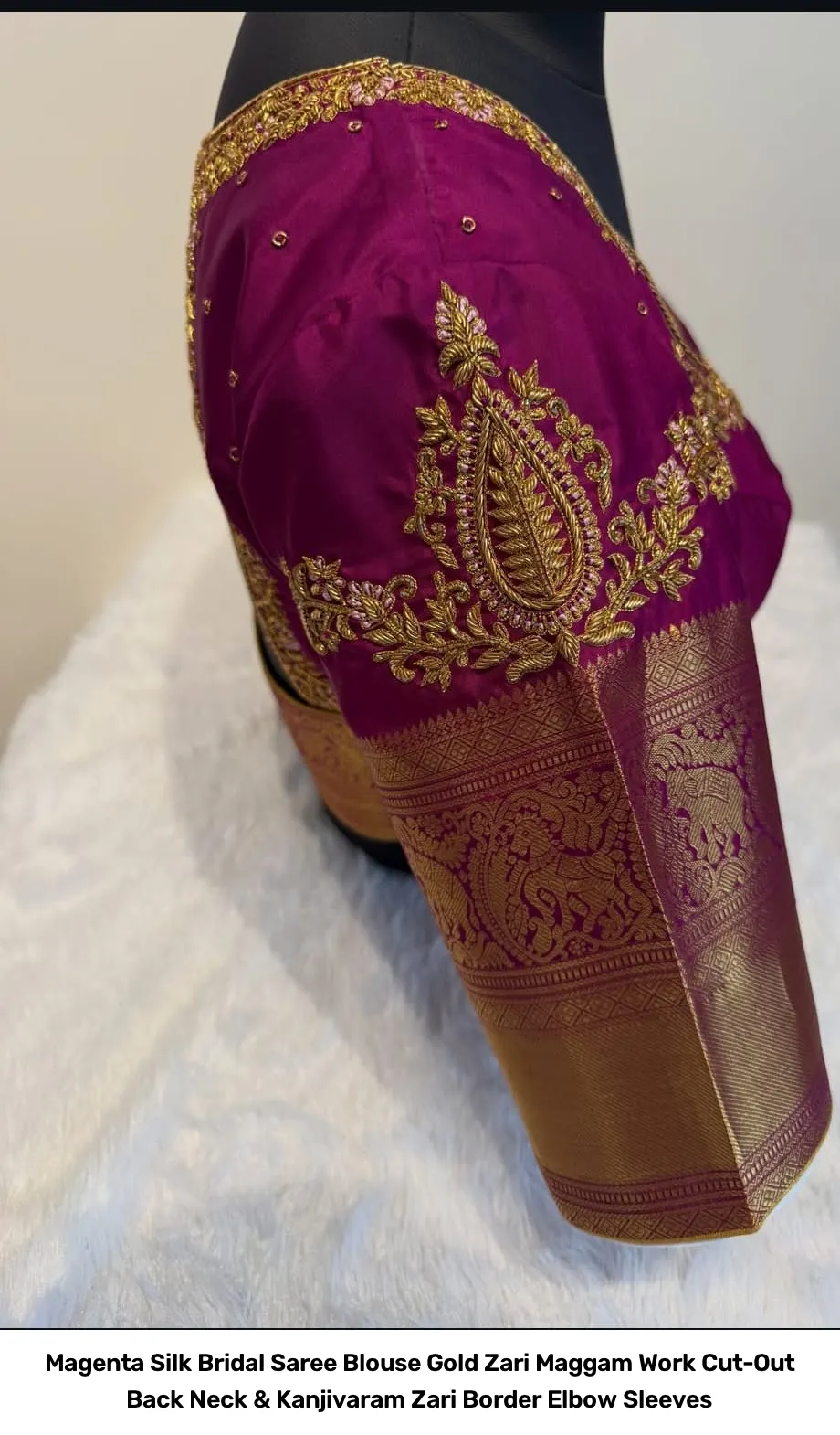 Magenta Silk Bridal Saree Blouse – Gold Zari Maggam Work Cut-Out Back Neck & Kanjivaram Zari Border Elbow Sleeves 2