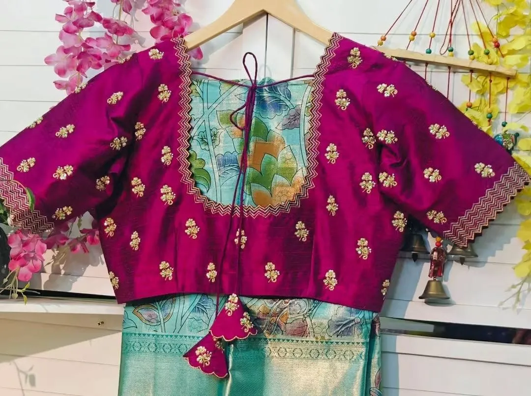 Magenta Silk Saree Blouse with Chevron Cutwork Neckline – Hand-Embroidered Floral Buttis & Latkan Dori for Pattu Sarees 1