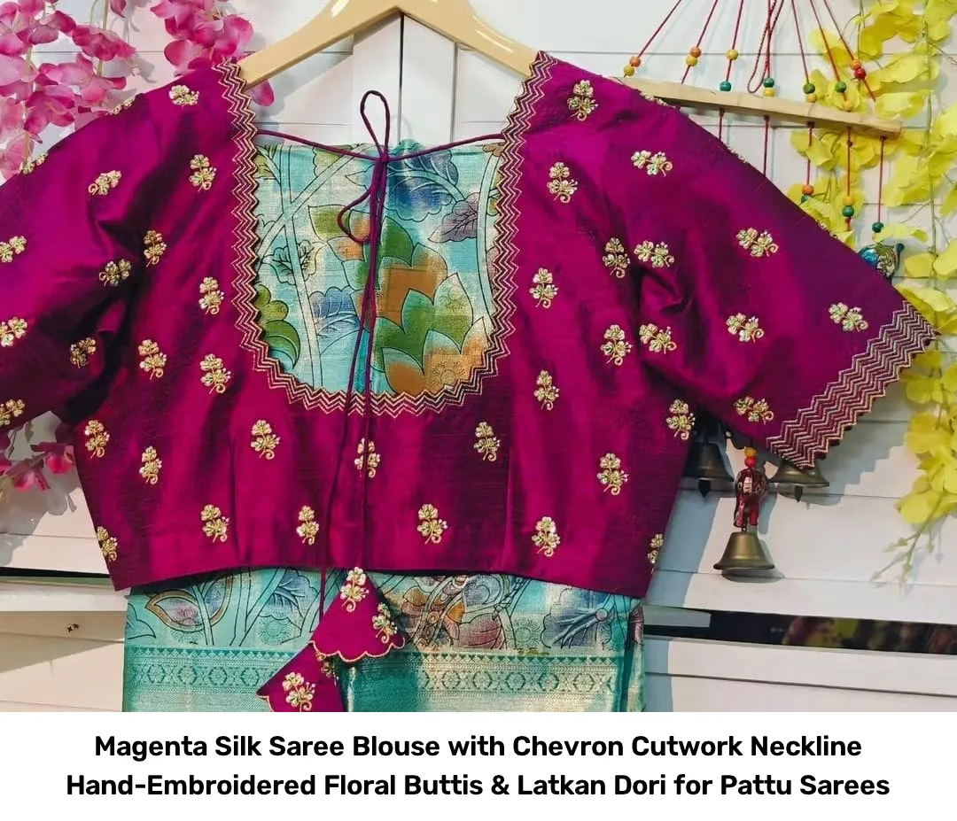 Magenta Silk Saree Blouse with Chevron Cutwork Neckline – Hand-Embroidered Floral Buttis & Latkan Dori for Pattu Sarees 2