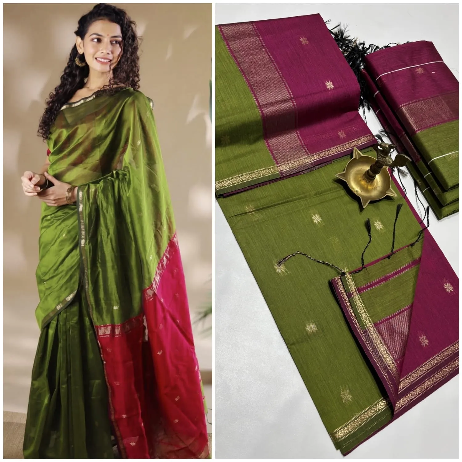 Maheshwari Silk Cotton Saree with Sleek Zari Border & Woven Buttas | Contrast Rich Pallu with Blouse Piece