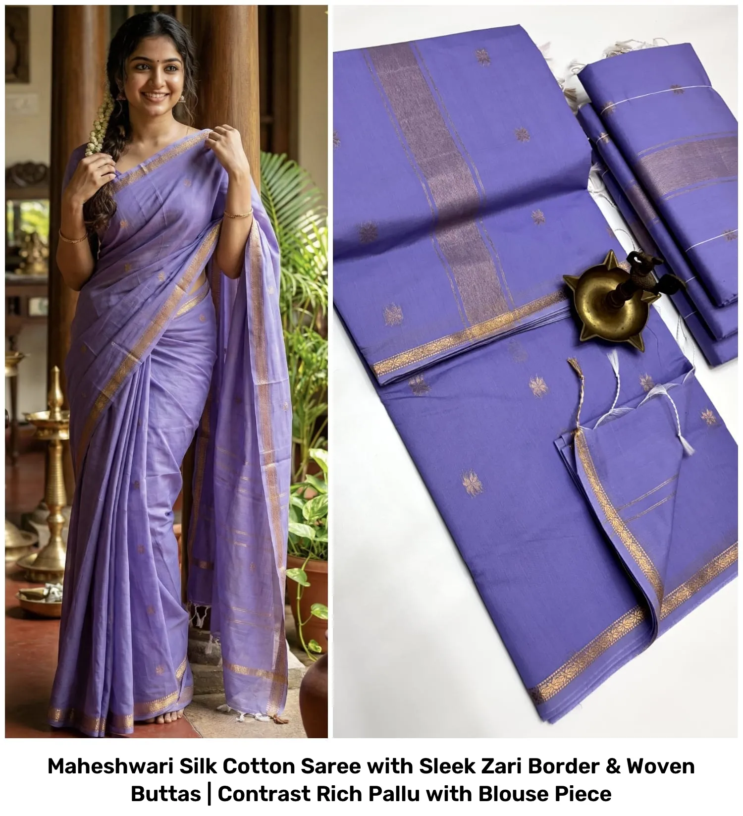 Maheshwari Silk Cotton Saree with Sleek Zari Border & Woven Buttas | Contrast Rich Pallu with Blouse Piece 10