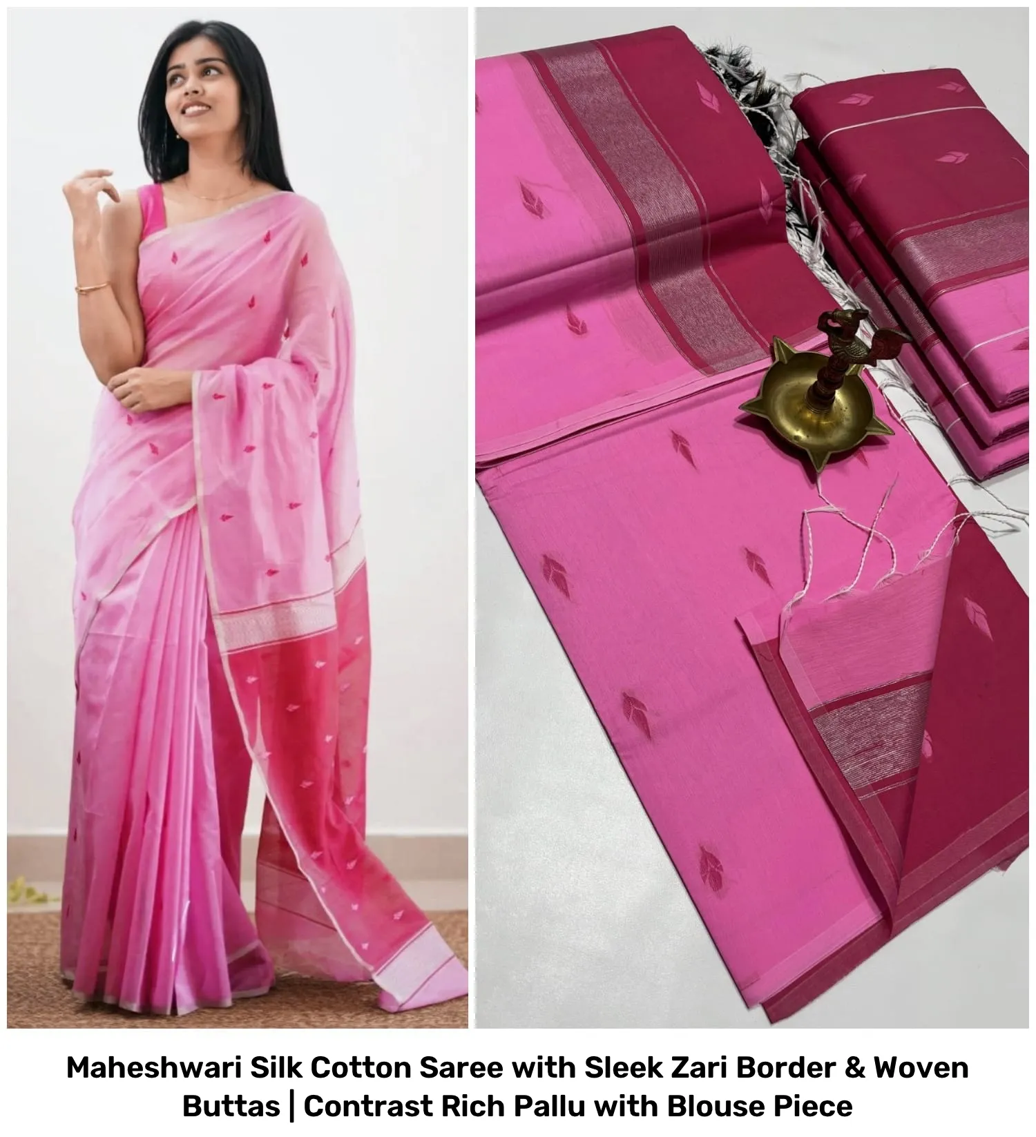 Maheshwari Silk Cotton Saree with Sleek Zari Border & Woven Buttas | Contrast Rich Pallu with Blouse Piece 11