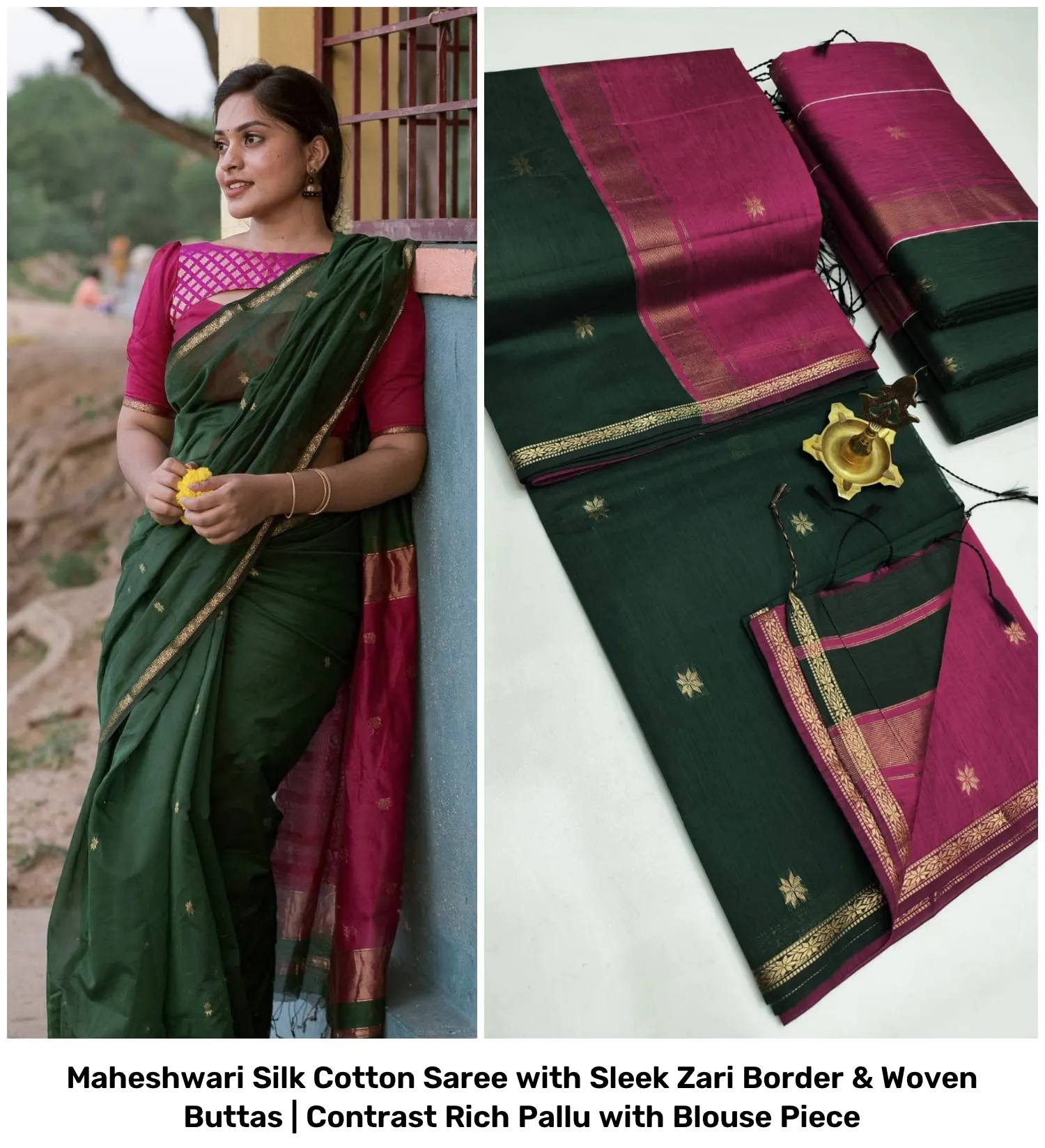 Maheshwari Silk Cotton Saree with Sleek Zari Border & Woven Buttas | Contrast Rich Pallu with Blouse Piece 12