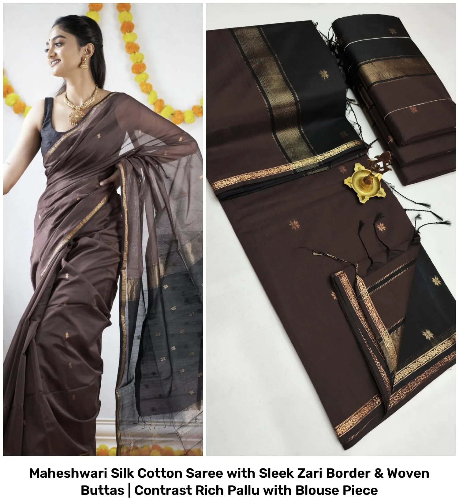 Maheshwari Silk Cotton Saree with Sleek Zari Border & Woven Buttas | Contrast Rich Pallu with Blouse Piece 13