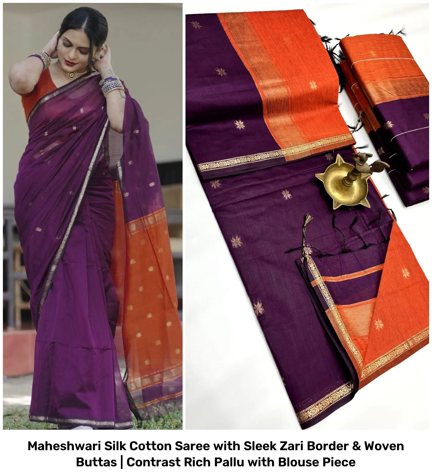 Maheshwari Silk Cotton Saree with Sleek Zari Border & Woven Buttas | Contrast Rich Pallu with Blouse Piece 14