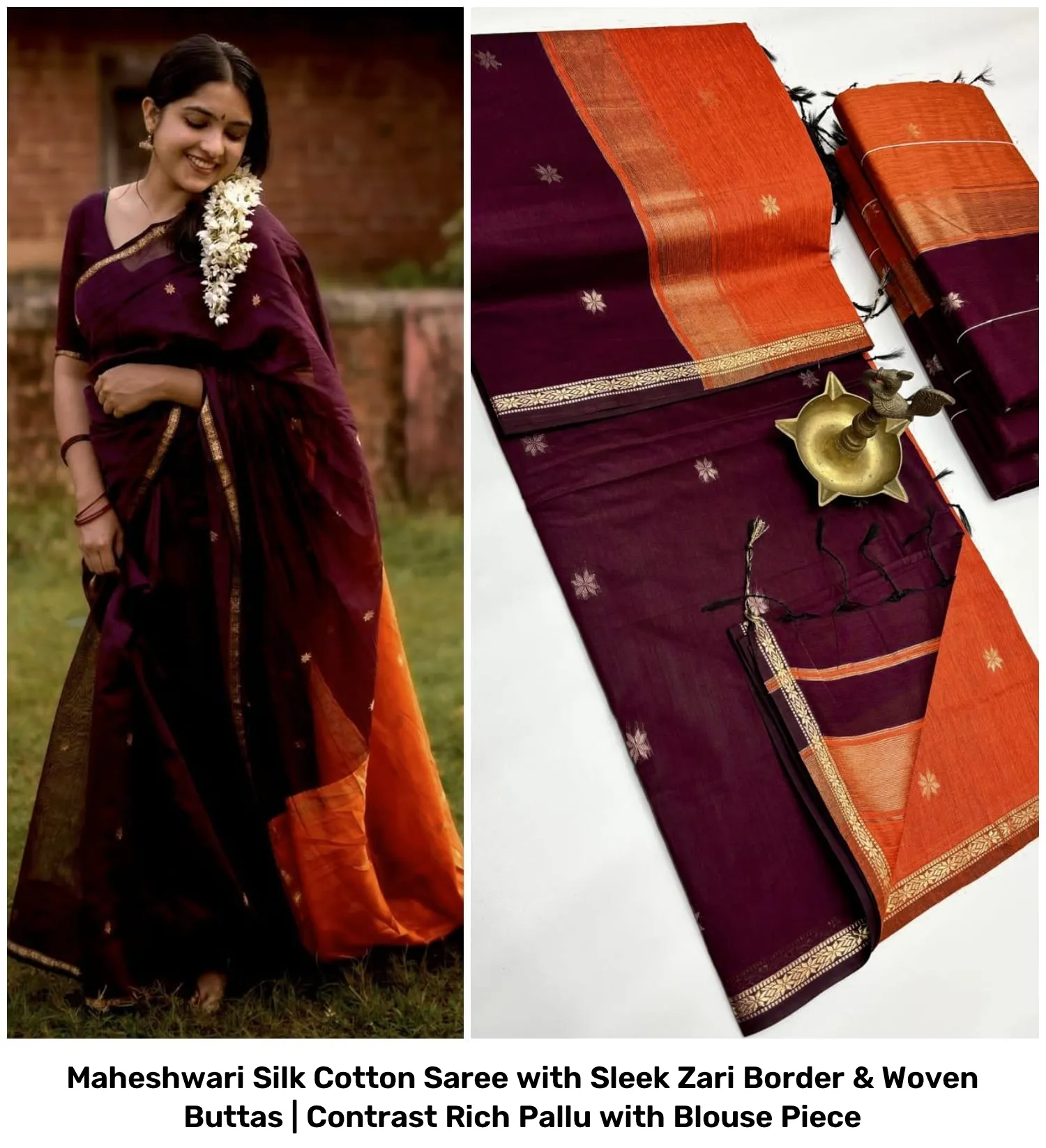 Maheshwari Silk Cotton Saree with Sleek Zari Border & Woven Buttas | Contrast Rich Pallu with Blouse Piece 15