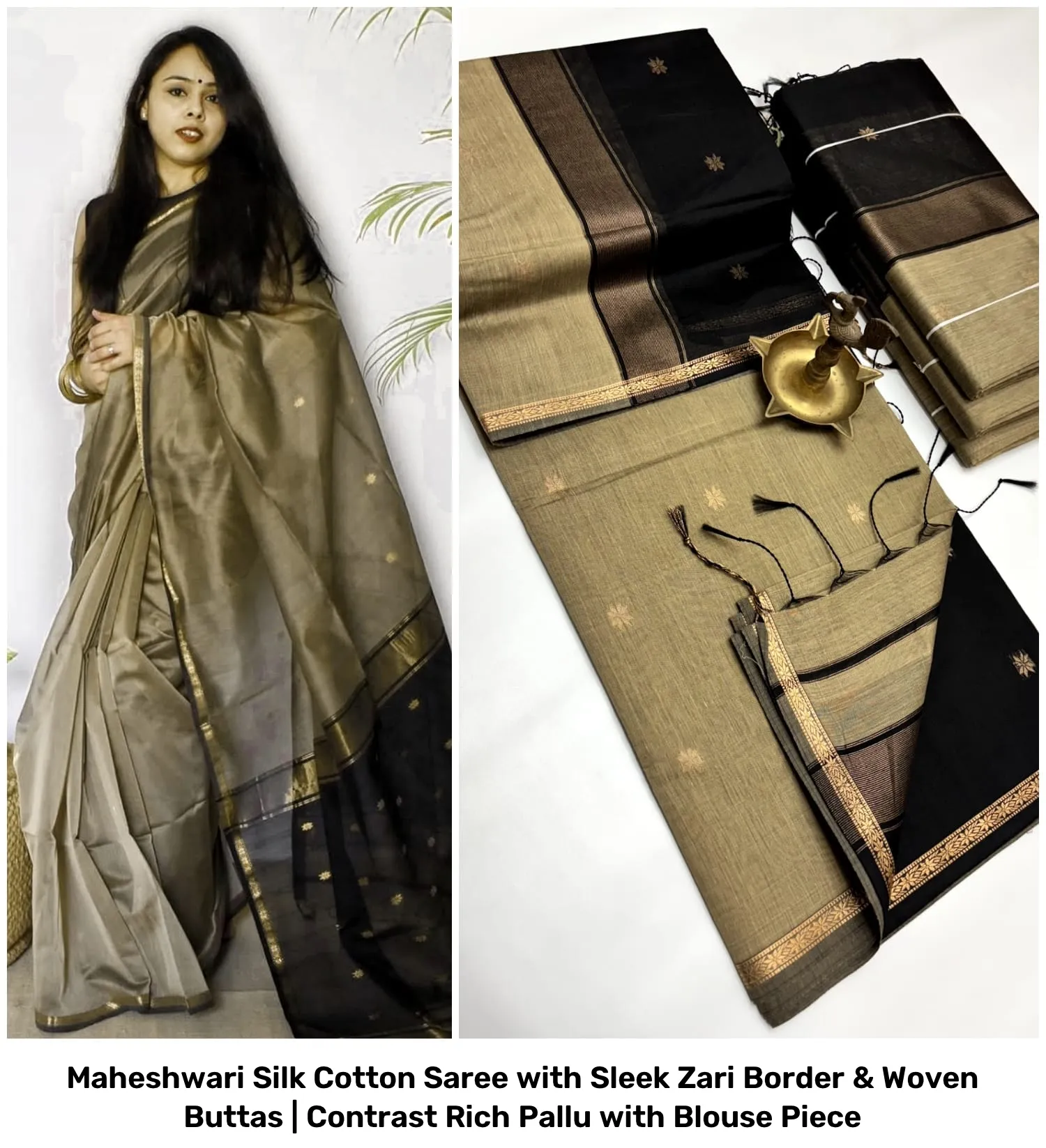 Maheshwari Silk Cotton Saree with Sleek Zari Border & Woven Buttas | Contrast Rich Pallu with Blouse Piece 16