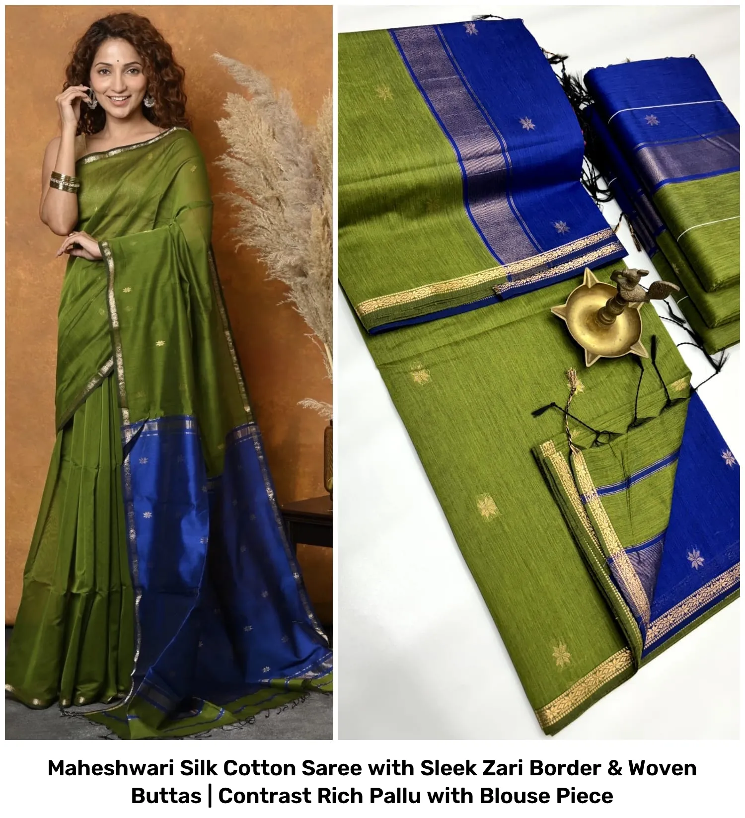 Maheshwari Silk Cotton Saree with Sleek Zari Border & Woven Buttas | Contrast Rich Pallu with Blouse Piece 17