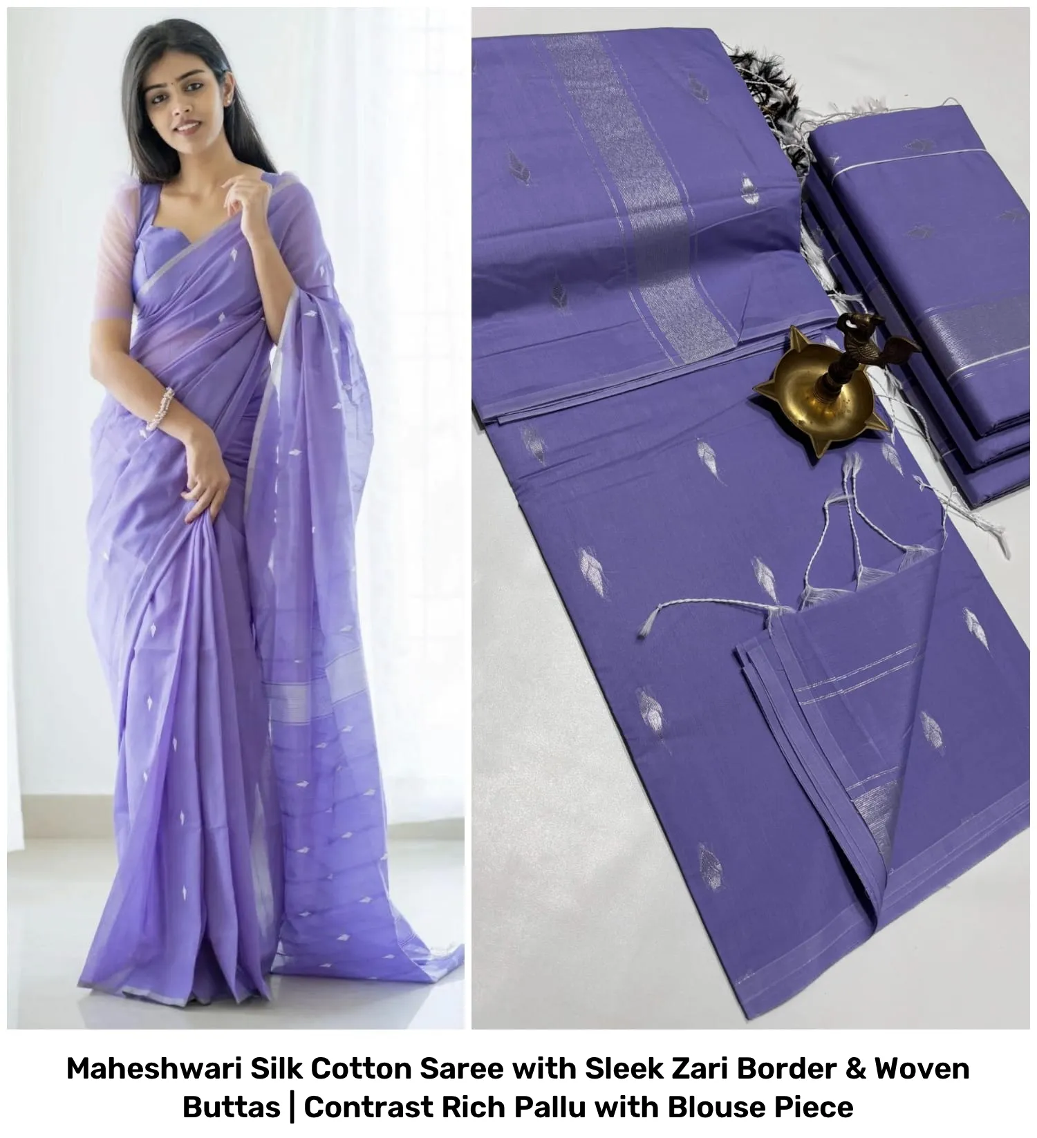 Maheshwari Silk Cotton Saree with Sleek Zari Border & Woven Buttas | Contrast Rich Pallu with Blouse Piece 18