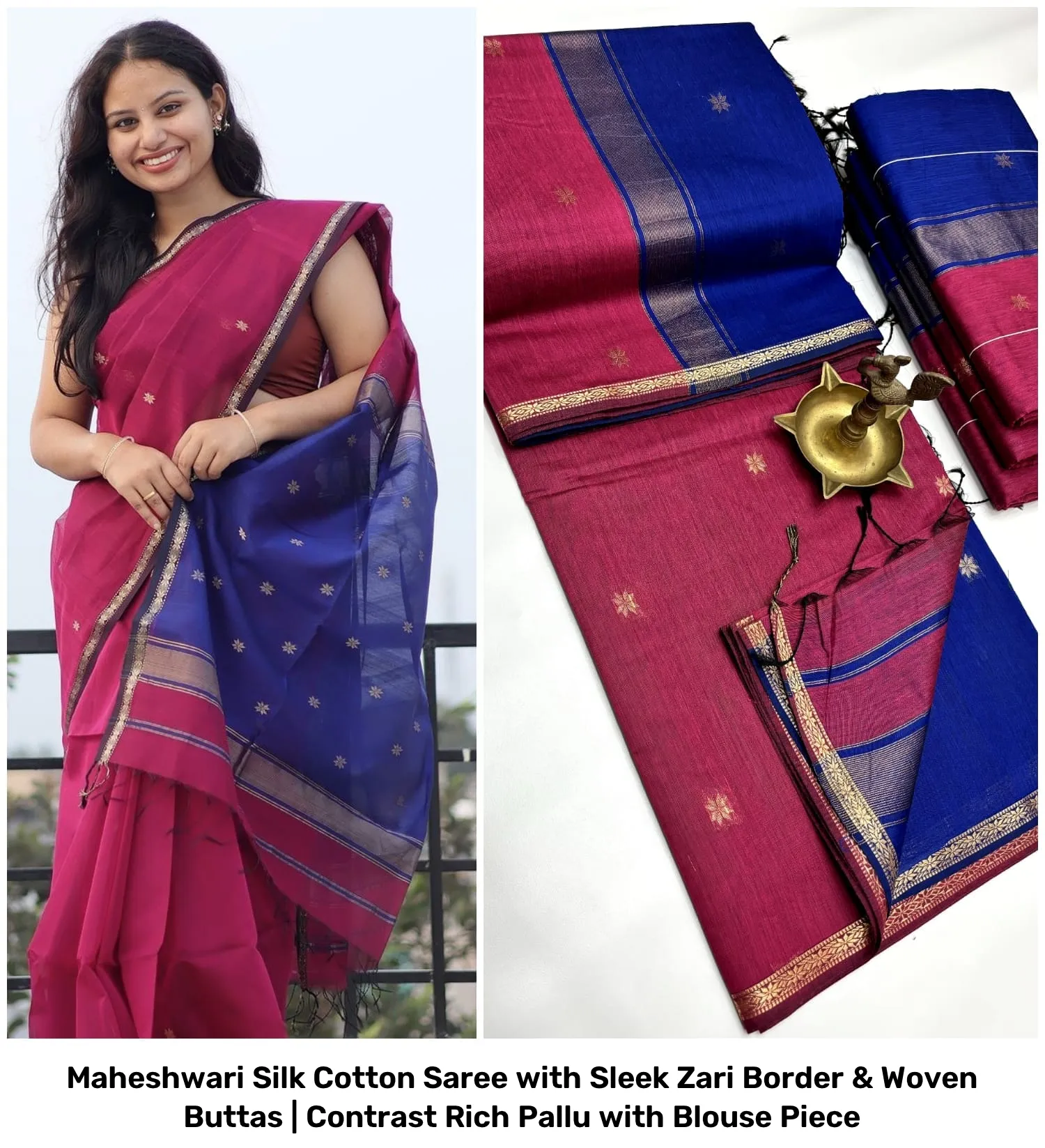 Maheshwari Silk Cotton Saree with Sleek Zari Border & Woven Buttas | Contrast Rich Pallu with Blouse Piece 19