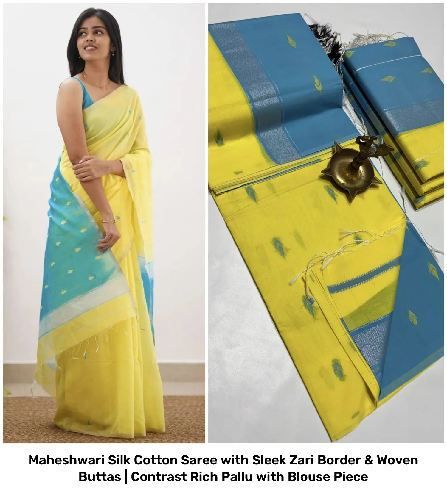 Maheshwari Silk Cotton Saree with Sleek Zari Border & Woven Buttas | Contrast Rich Pallu with Blouse Piece 2