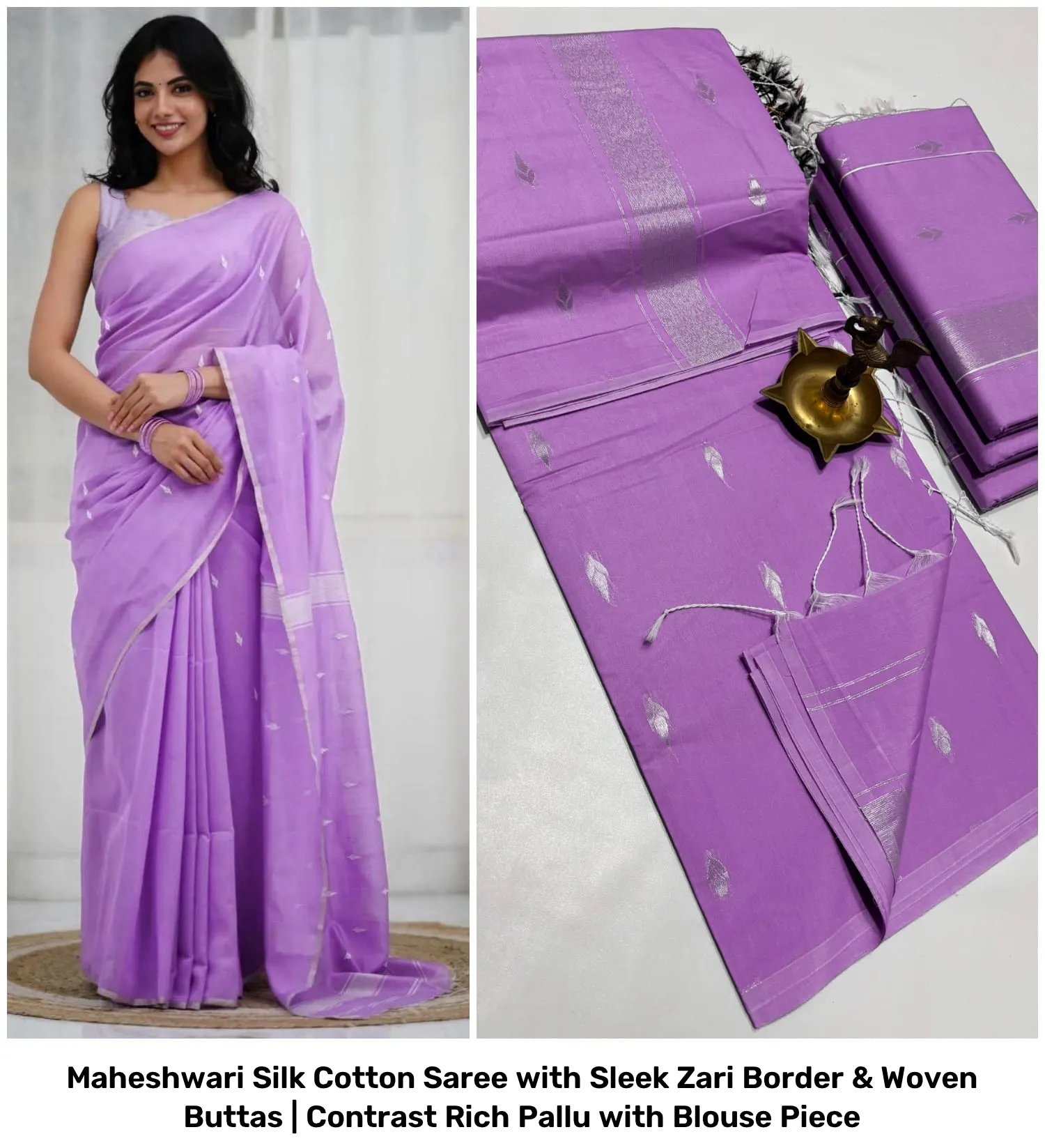 Maheshwari Silk Cotton Saree with Sleek Zari Border & Woven Buttas | Contrast Rich Pallu with Blouse Piece 20