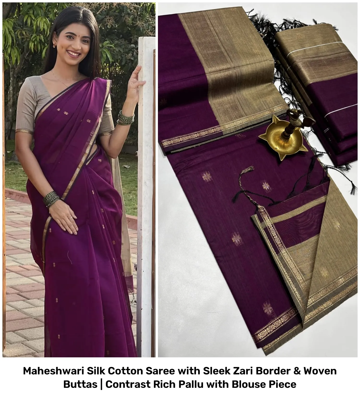 Maheshwari Silk Cotton Saree with Sleek Zari Border & Woven Buttas | Contrast Rich Pallu with Blouse Piece 21