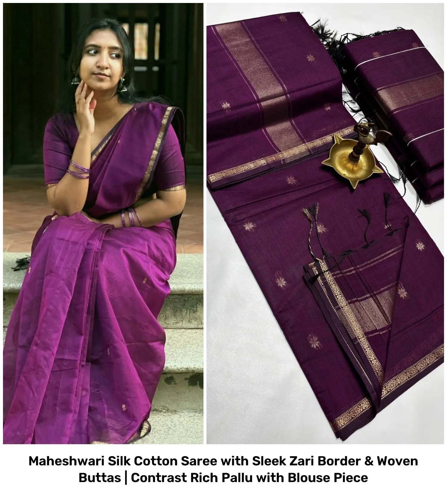 Maheshwari Silk Cotton Saree with Sleek Zari Border & Woven Buttas | Contrast Rich Pallu with Blouse Piece 22