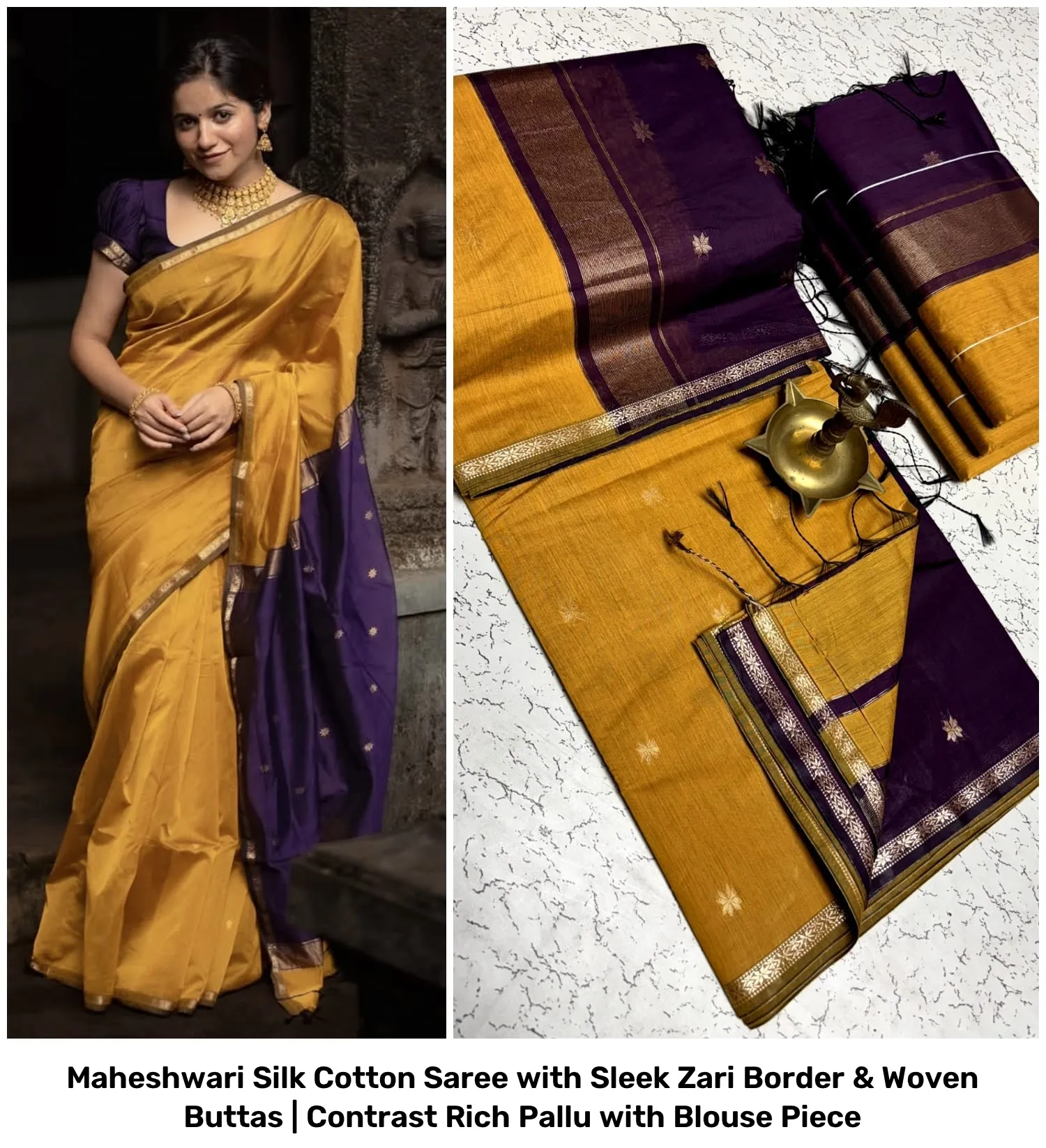 Maheshwari Silk Cotton Saree with Sleek Zari Border & Woven Buttas | Contrast Rich Pallu with Blouse Piece 24