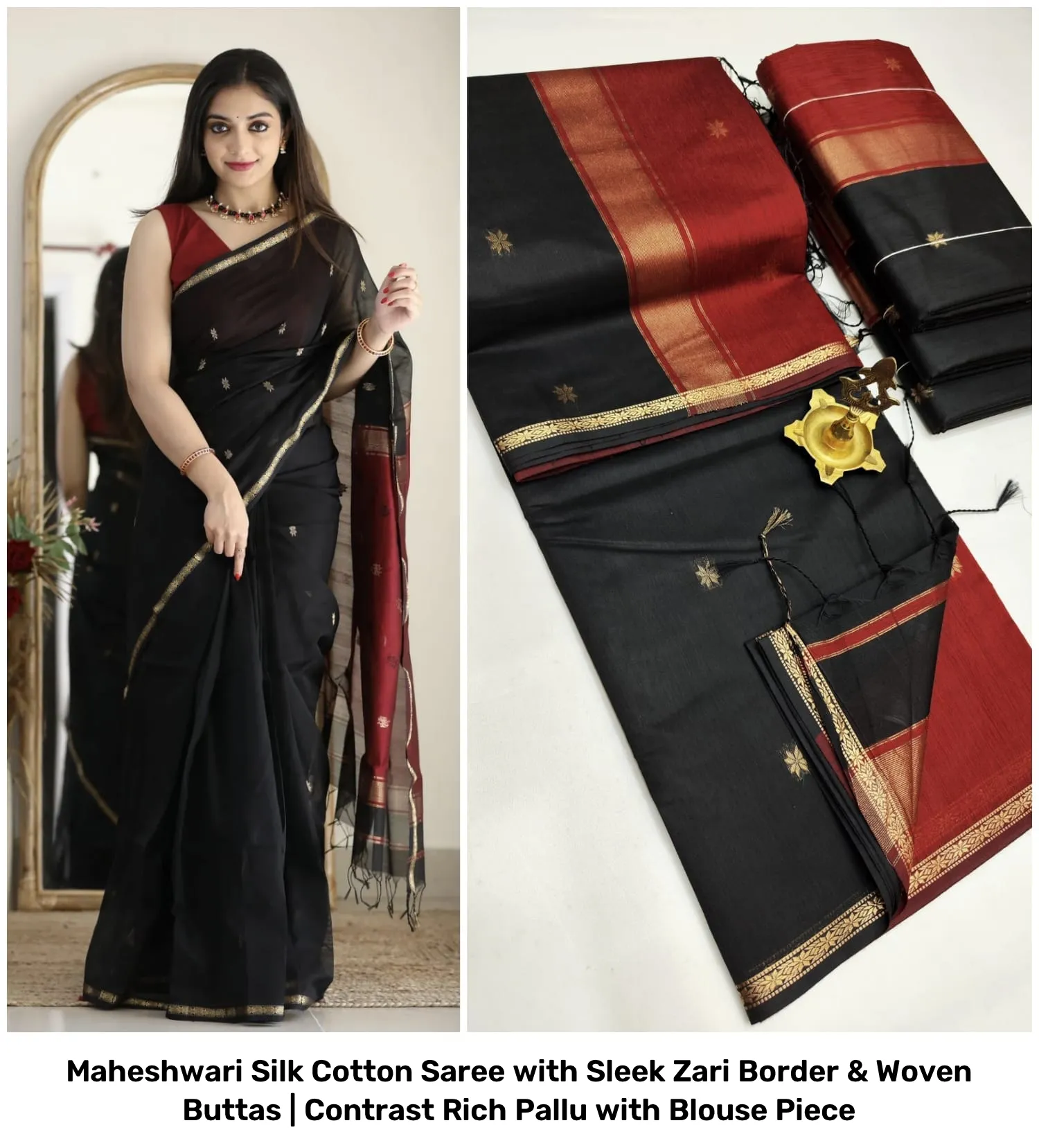 Maheshwari Silk Cotton Saree with Sleek Zari Border & Woven Buttas | Contrast Rich Pallu with Blouse Piece 25