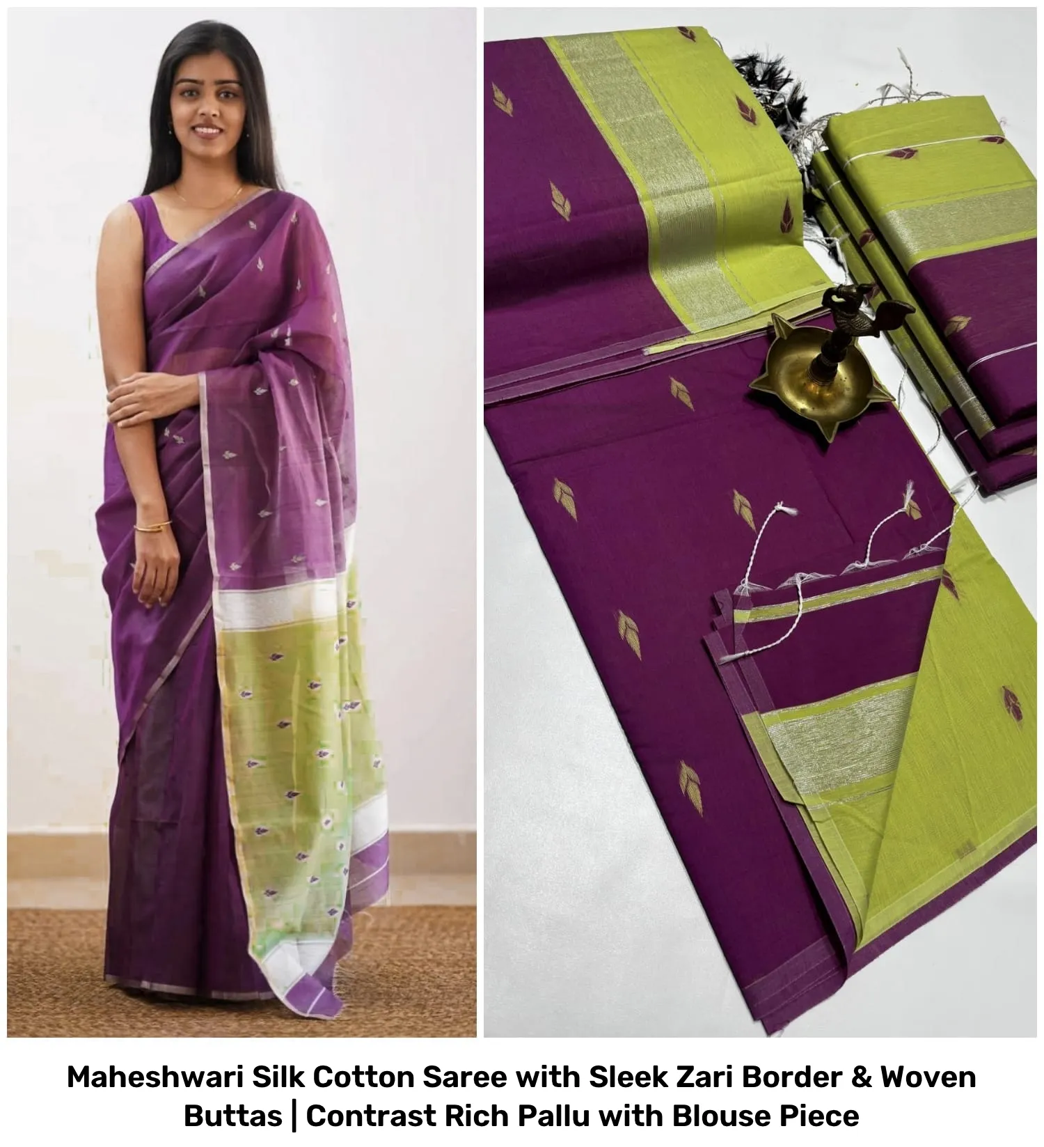 Maheshwari Silk Cotton Saree with Sleek Zari Border & Woven Buttas | Contrast Rich Pallu with Blouse Piece 26