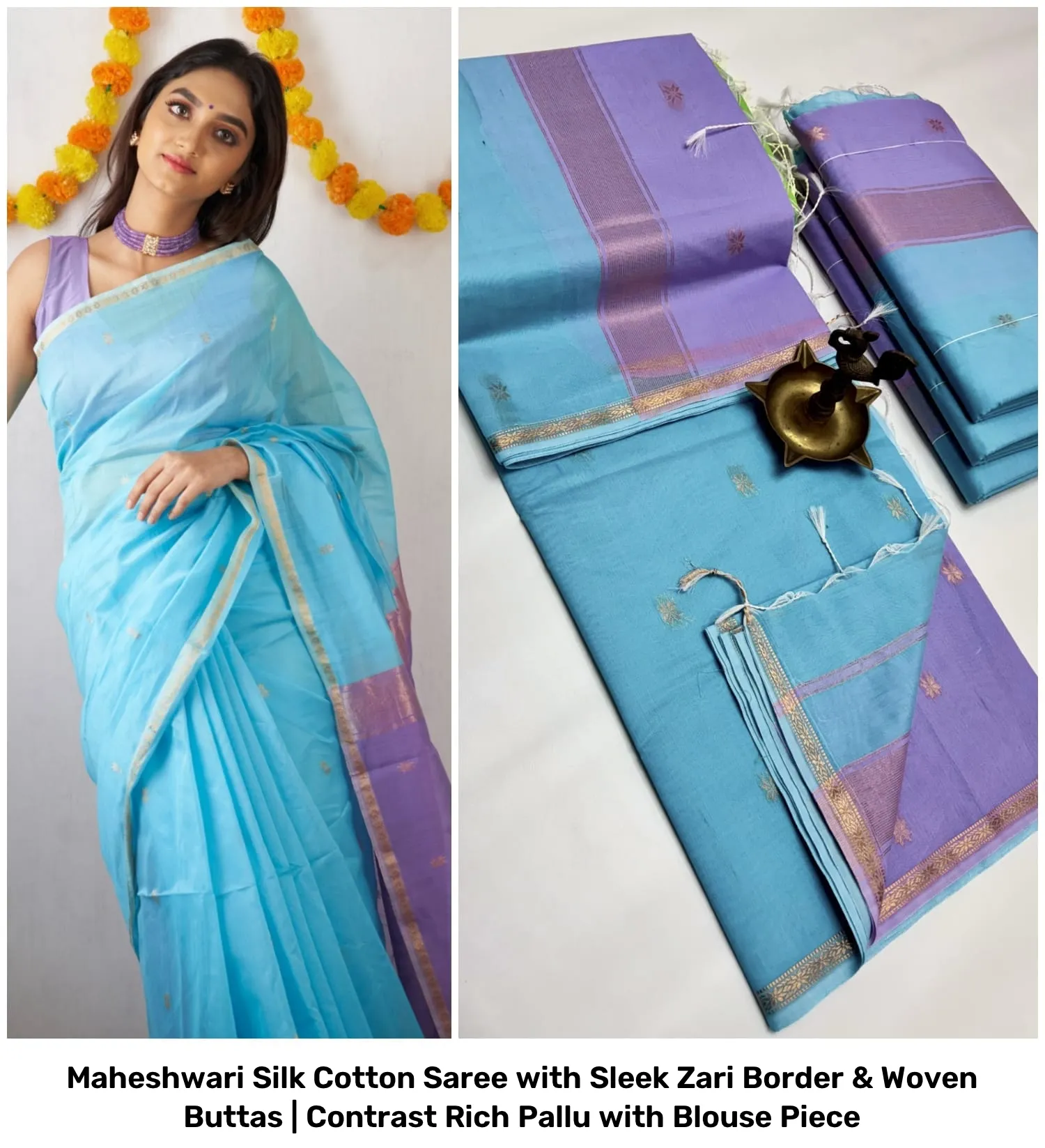 Maheshwari Silk Cotton Saree with Sleek Zari Border & Woven Buttas | Contrast Rich Pallu with Blouse Piece 27