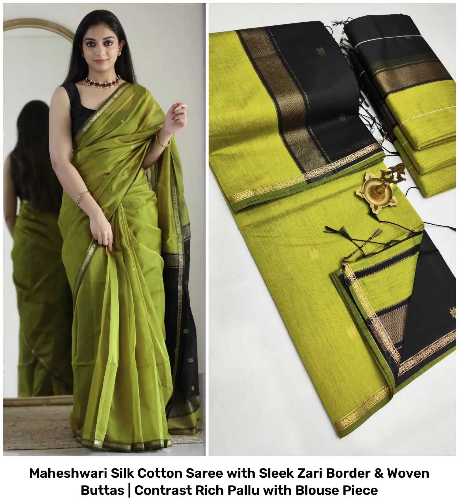 Maheshwari Silk Cotton Saree with Sleek Zari Border & Woven Buttas | Contrast Rich Pallu with Blouse Piece 28