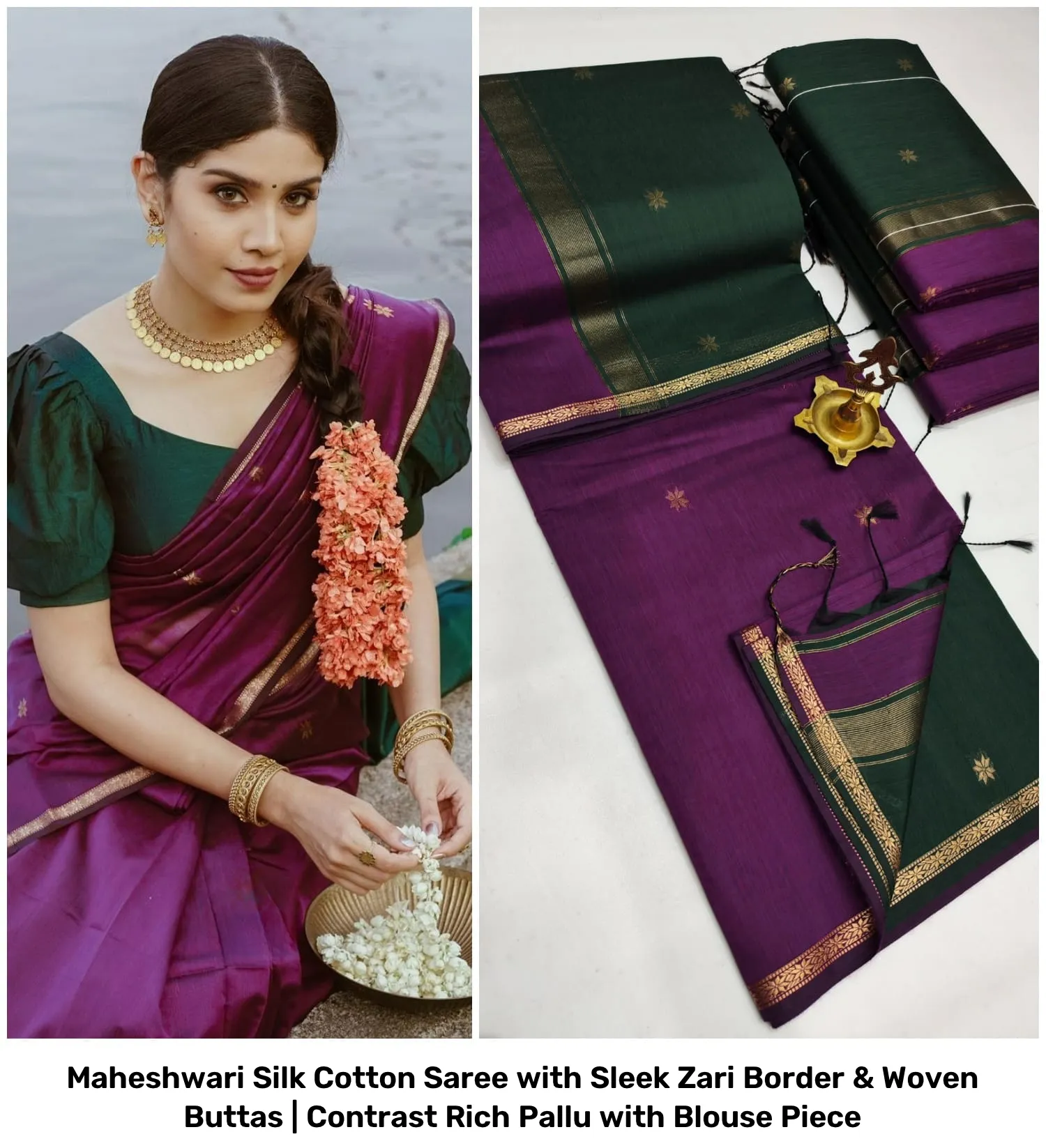 Maheshwari Silk Cotton Saree with Sleek Zari Border & Woven Buttas | Contrast Rich Pallu with Blouse Piece 29