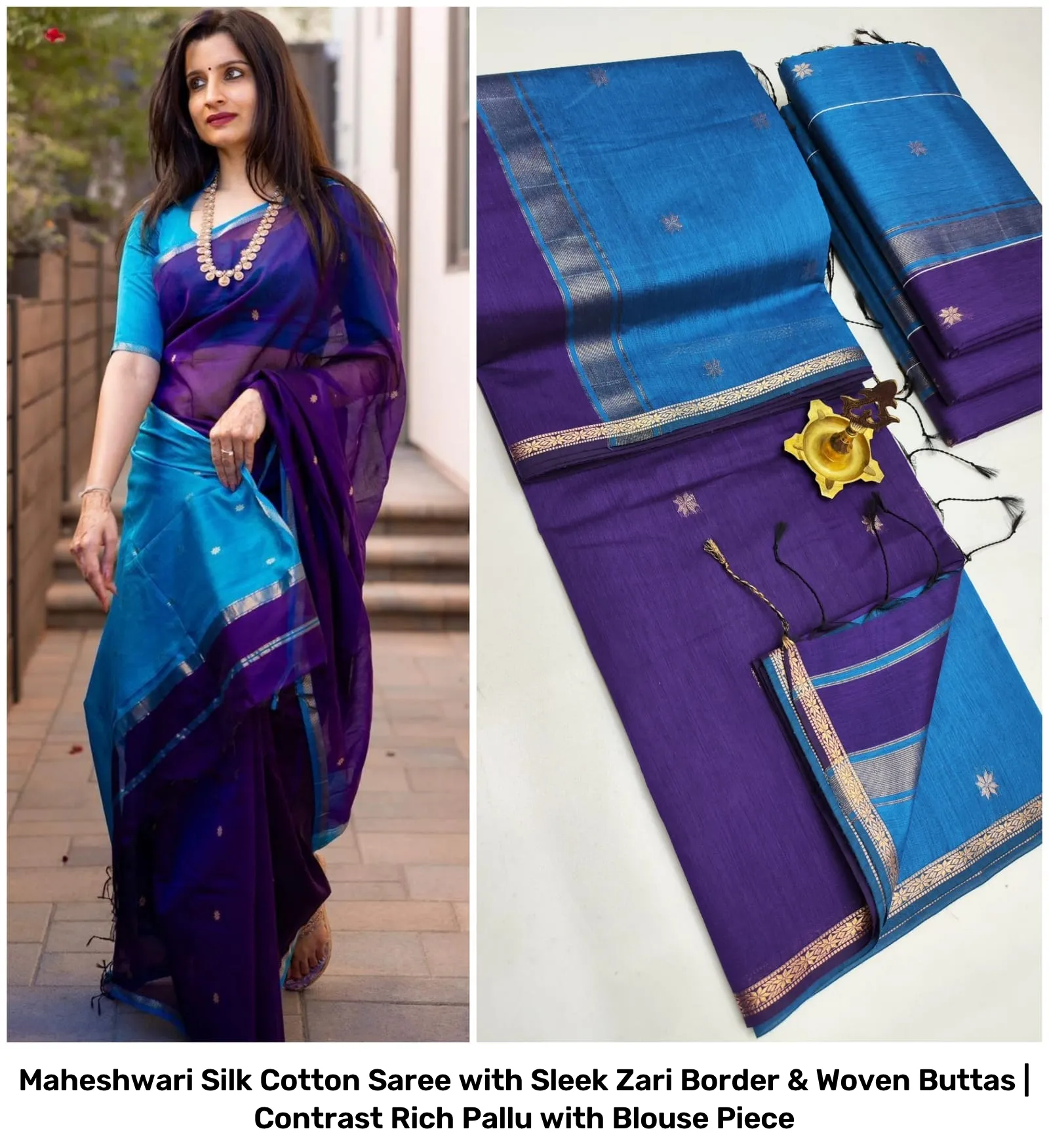 Maheshwari Silk Cotton Saree with Sleek Zari Border & Woven Buttas | Contrast Rich Pallu with Blouse Piece 3