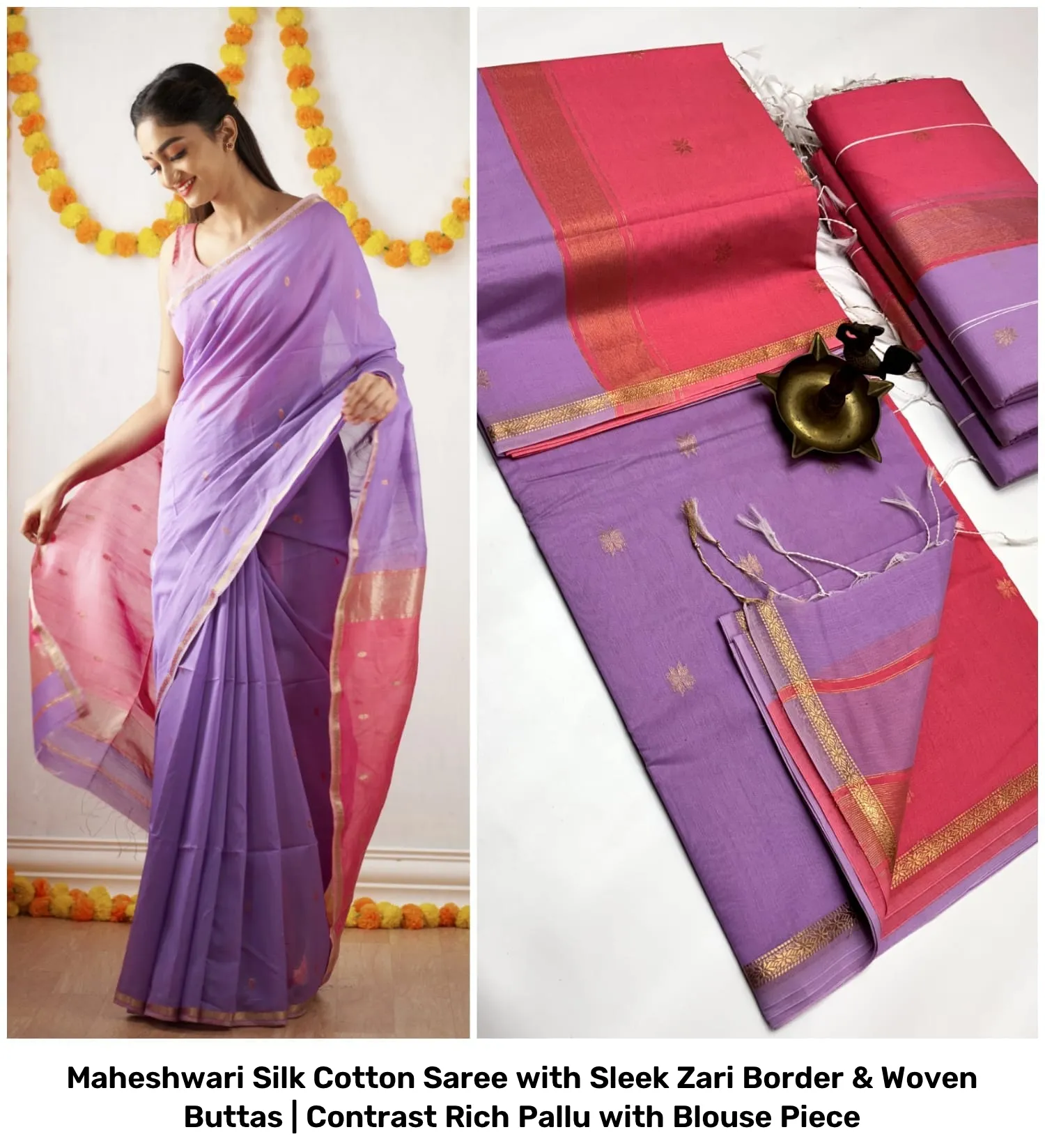 Maheshwari Silk Cotton Saree with Sleek Zari Border & Woven Buttas | Contrast Rich Pallu with Blouse Piece 30