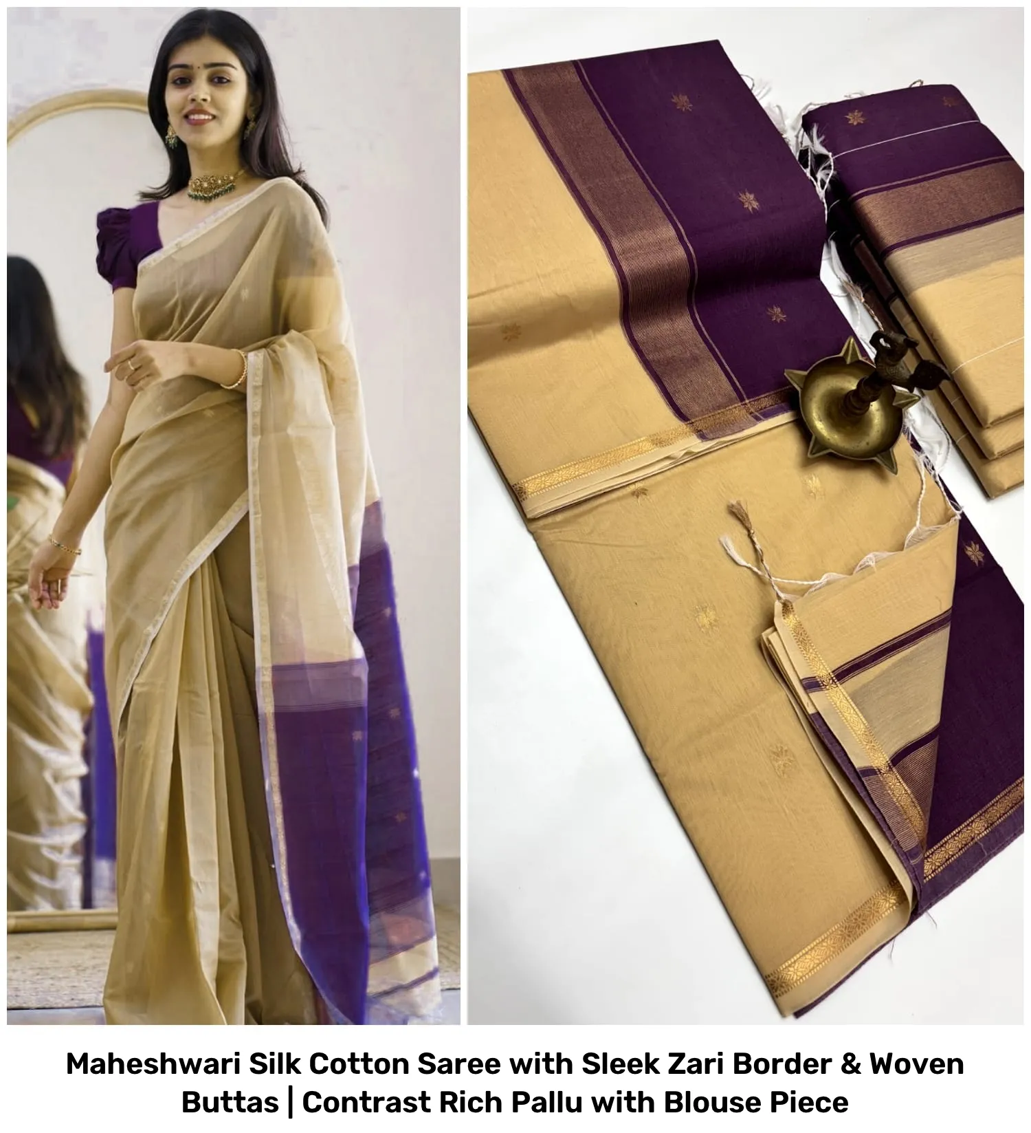 Maheshwari Silk Cotton Saree with Sleek Zari Border & Woven Buttas | Contrast Rich Pallu with Blouse Piece 31