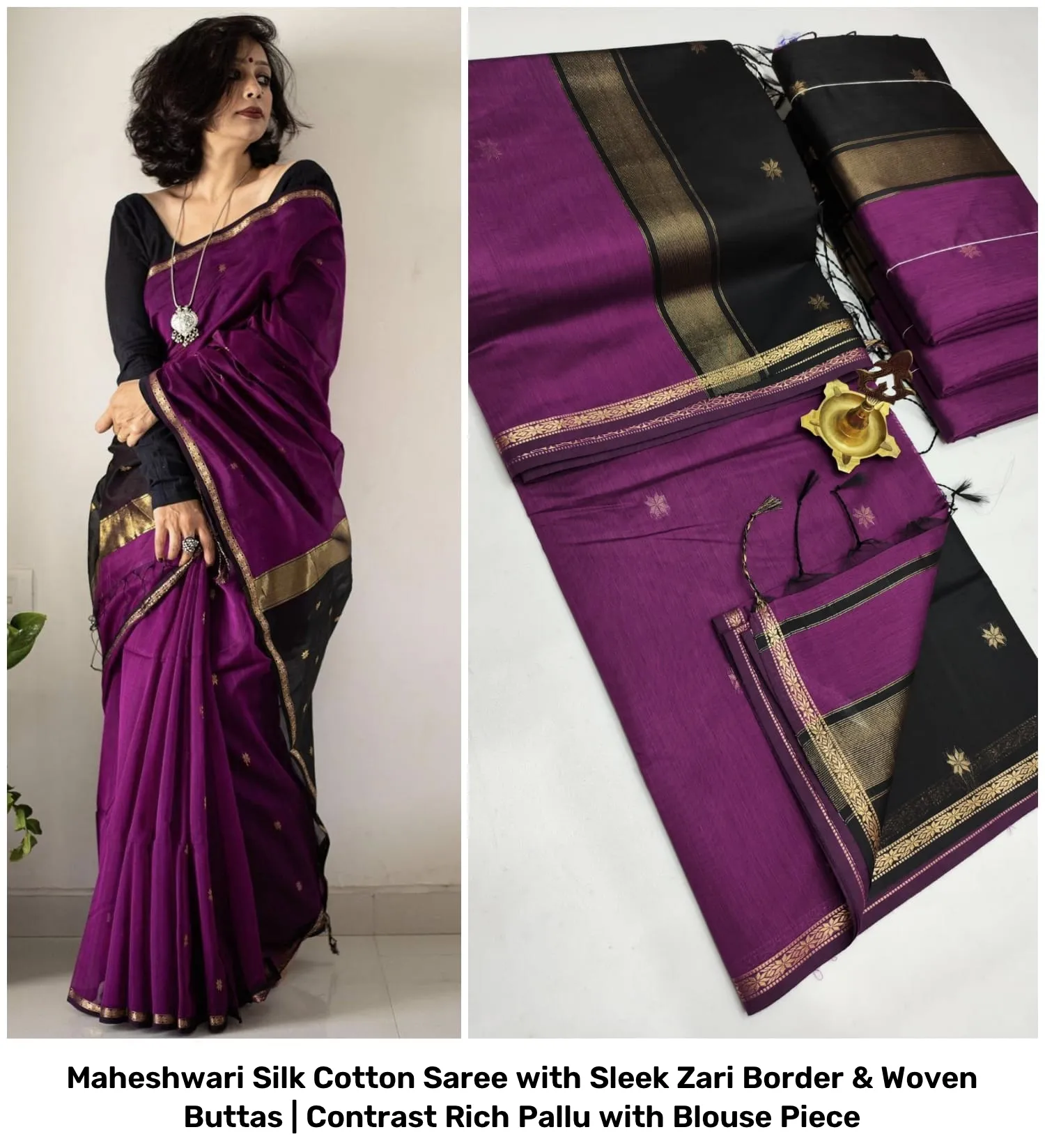 Maheshwari Silk Cotton Saree with Sleek Zari Border & Woven Buttas | Contrast Rich Pallu with Blouse Piece 32
