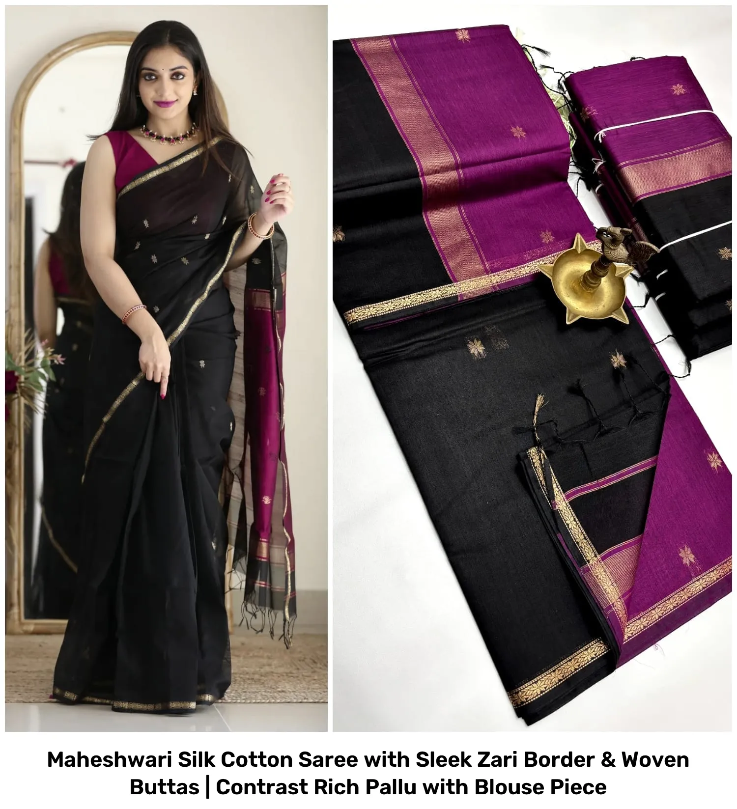Maheshwari Silk Cotton Saree with Sleek Zari Border & Woven Buttas | Contrast Rich Pallu with Blouse Piece 33