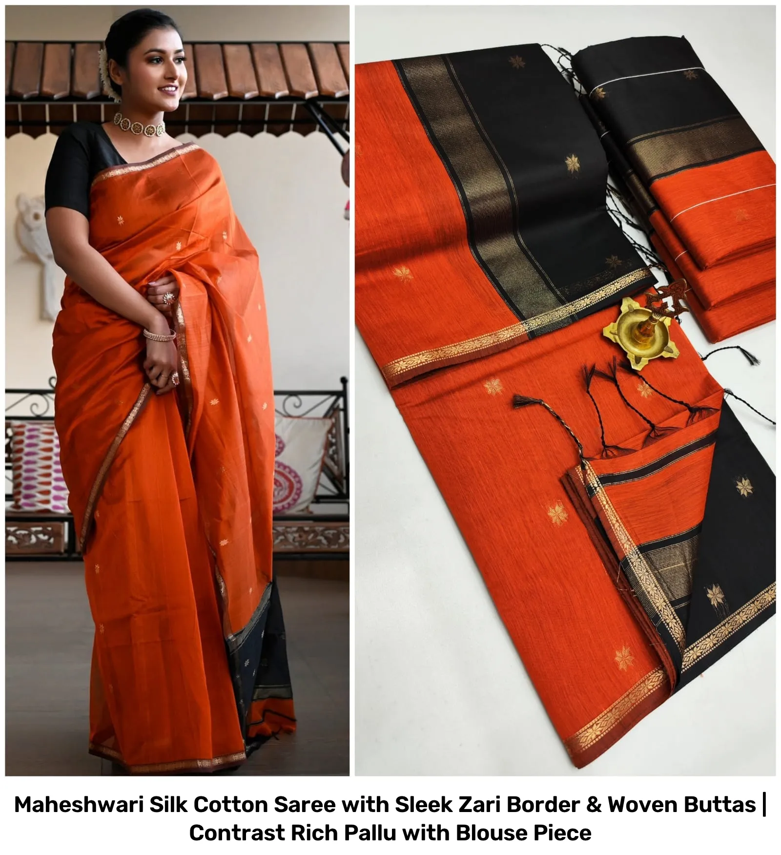 Maheshwari Silk Cotton Saree with Sleek Zari Border & Woven Buttas | Contrast Rich Pallu with Blouse Piece 34