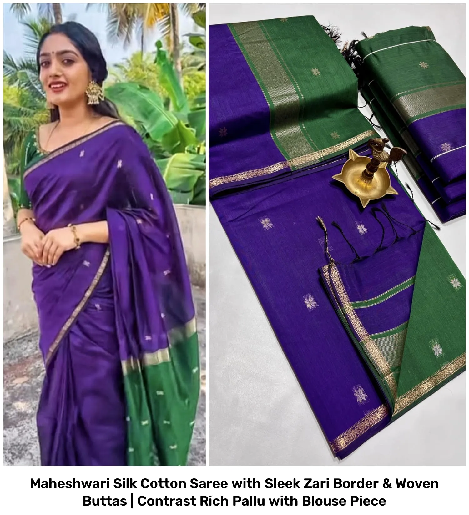 Maheshwari Silk Cotton Saree with Sleek Zari Border & Woven Buttas | Contrast Rich Pallu with Blouse Piece 36