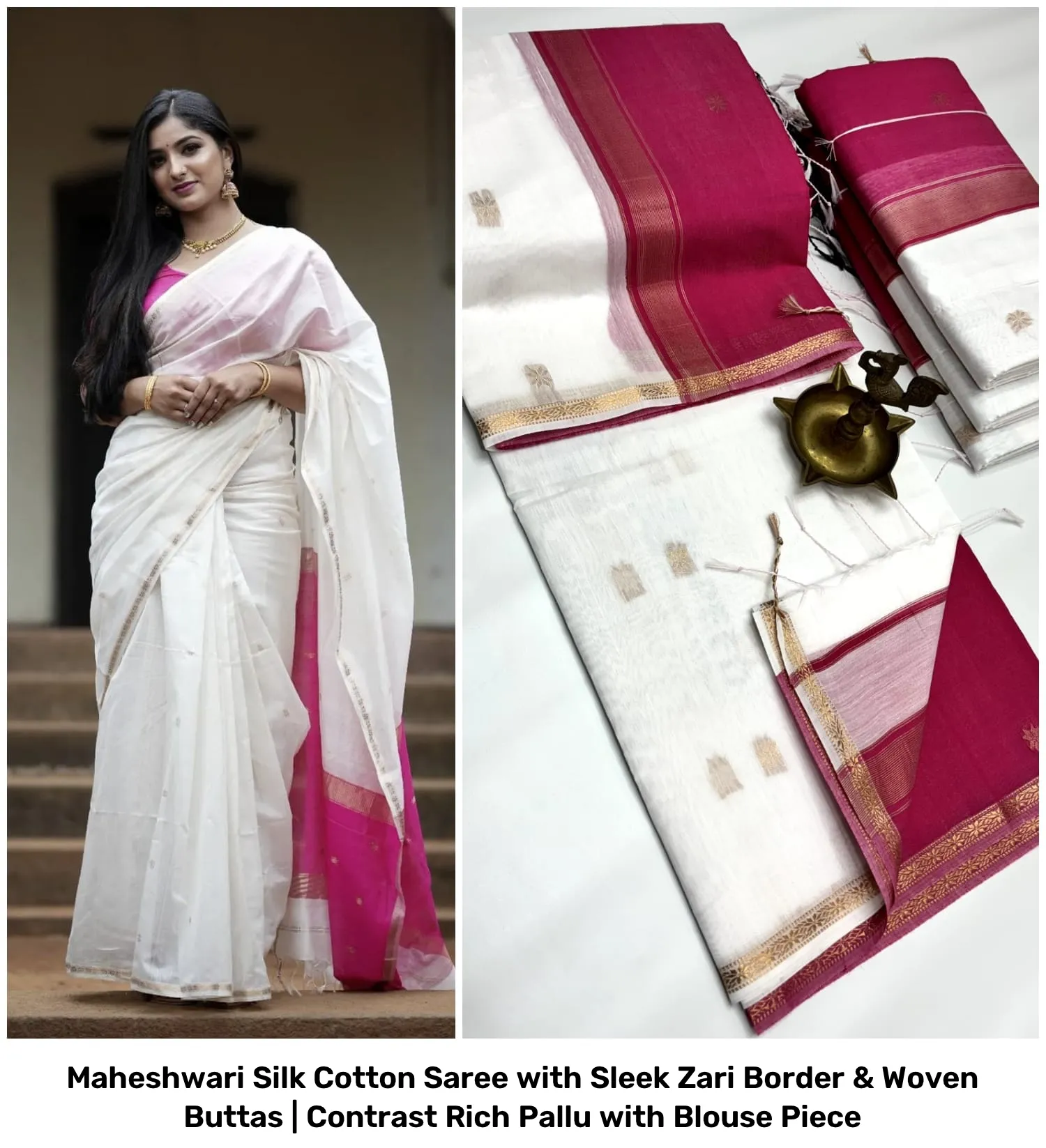Maheshwari Silk Cotton Saree with Sleek Zari Border & Woven Buttas | Contrast Rich Pallu with Blouse Piece 37