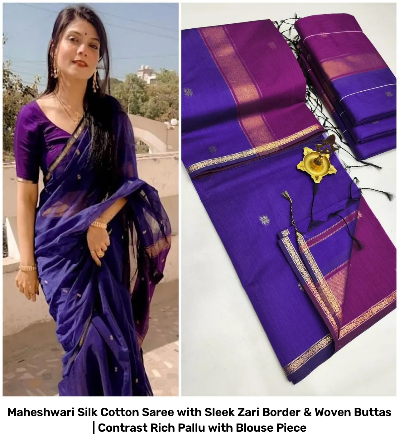Maheshwari Silk Cotton Saree with Sleek Zari Border & Woven Buttas | Contrast Rich Pallu with Blouse Piece 38