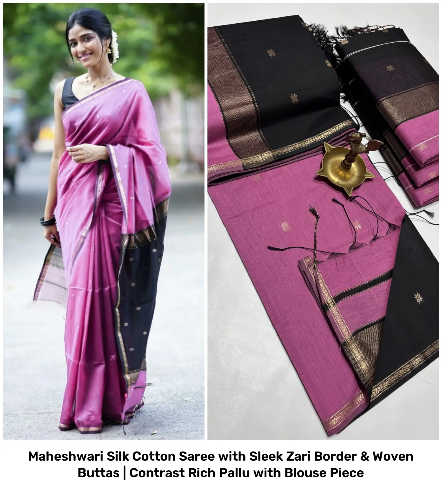 Maheshwari Silk Cotton Saree with Sleek Zari Border & Woven Buttas | Contrast Rich Pallu with Blouse Piece 39