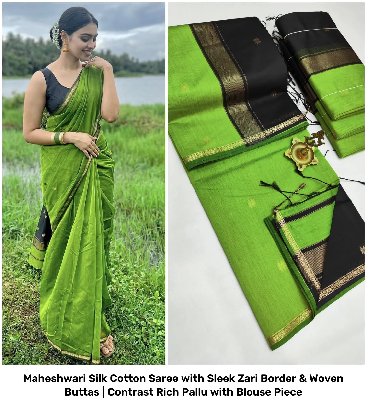 Maheshwari Silk Cotton Saree with Sleek Zari Border & Woven Buttas | Contrast Rich Pallu with Blouse Piece 4
