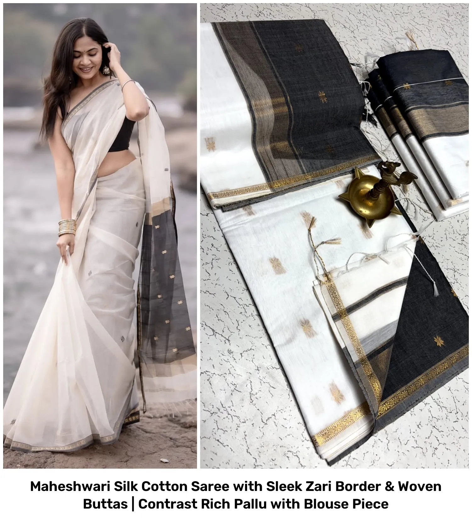 Maheshwari Silk Cotton Saree with Sleek Zari Border & Woven Buttas | Contrast Rich Pallu with Blouse Piece 40